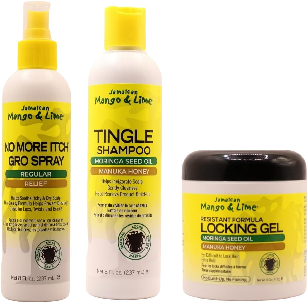 Jamacican Mango & Lime No More Itch Grow Spray 8Oz with Tingle Shampoo 8Oz & Locking Gel Resistant Formula 6Oz