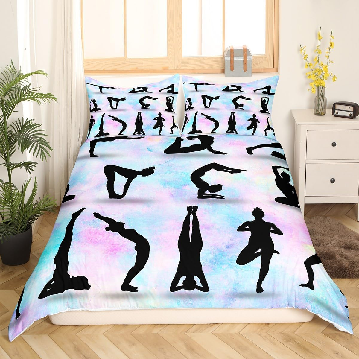 Gymnastic Silhouette Duvet Cover Set S Size, Yoga Dance Lovers Bedding Set Children Girls Women Room Decor, Rainbow Watercolour Comforter Cover Gymnastics Sports Quilt Cover, 1 Pillowcase image number 2