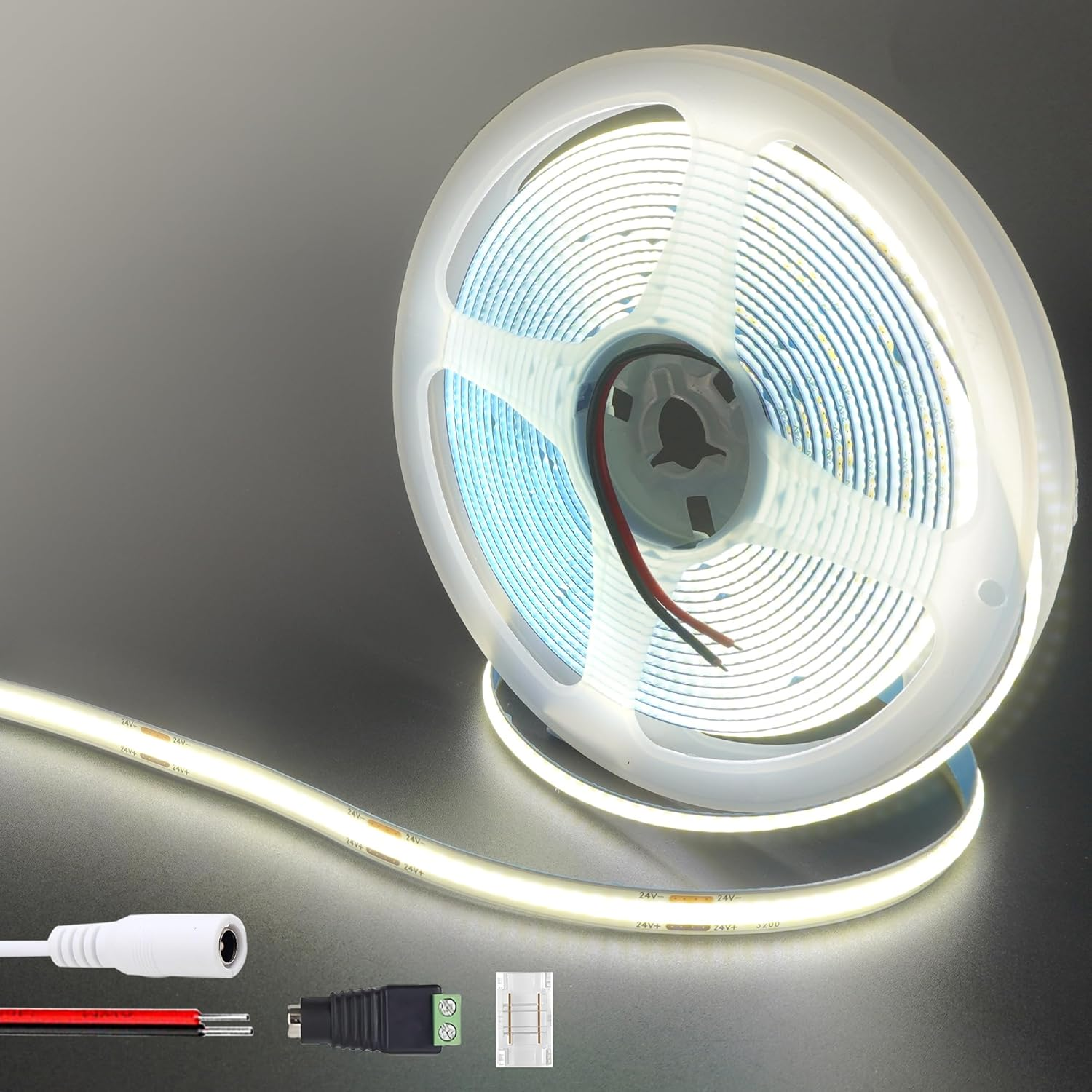 Clearhill 24V COB LED Strip Lights(No Power Supply),32.8Ft/10M,Cool White 6500K,320Leds/M,With 5521DC Female and Red+Black Wire Connectors,8Mm Width,Cri90,Electroplated Double-Sided Panel,10W/M,Ip20