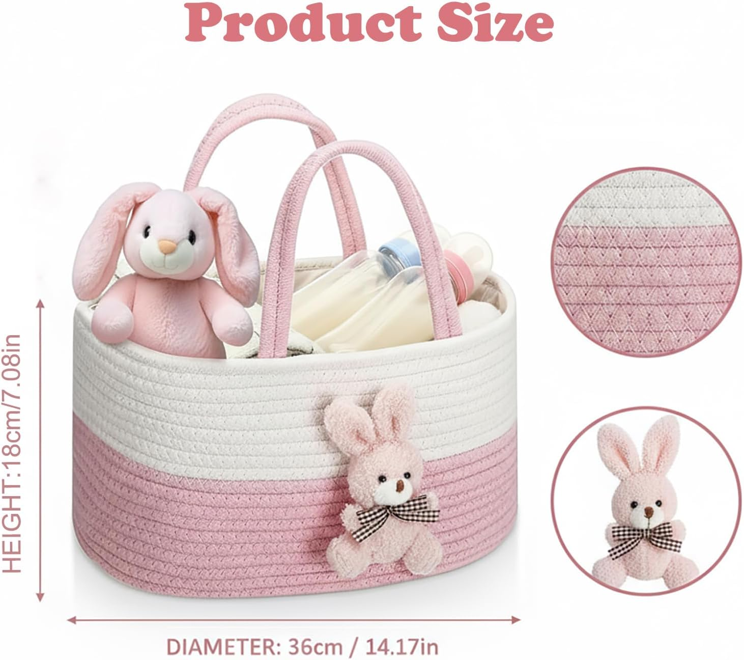 Baby Nappy Caddy Diaper Caddy Organizer, Baby Shower Basket, with Removable Inserts Nursery Bohemian Cotton Rope Storage Basket, Baby Storage Basket for Changing Table and Wipes (Pink Rabbit) - Beige-Brown Bear image number 3