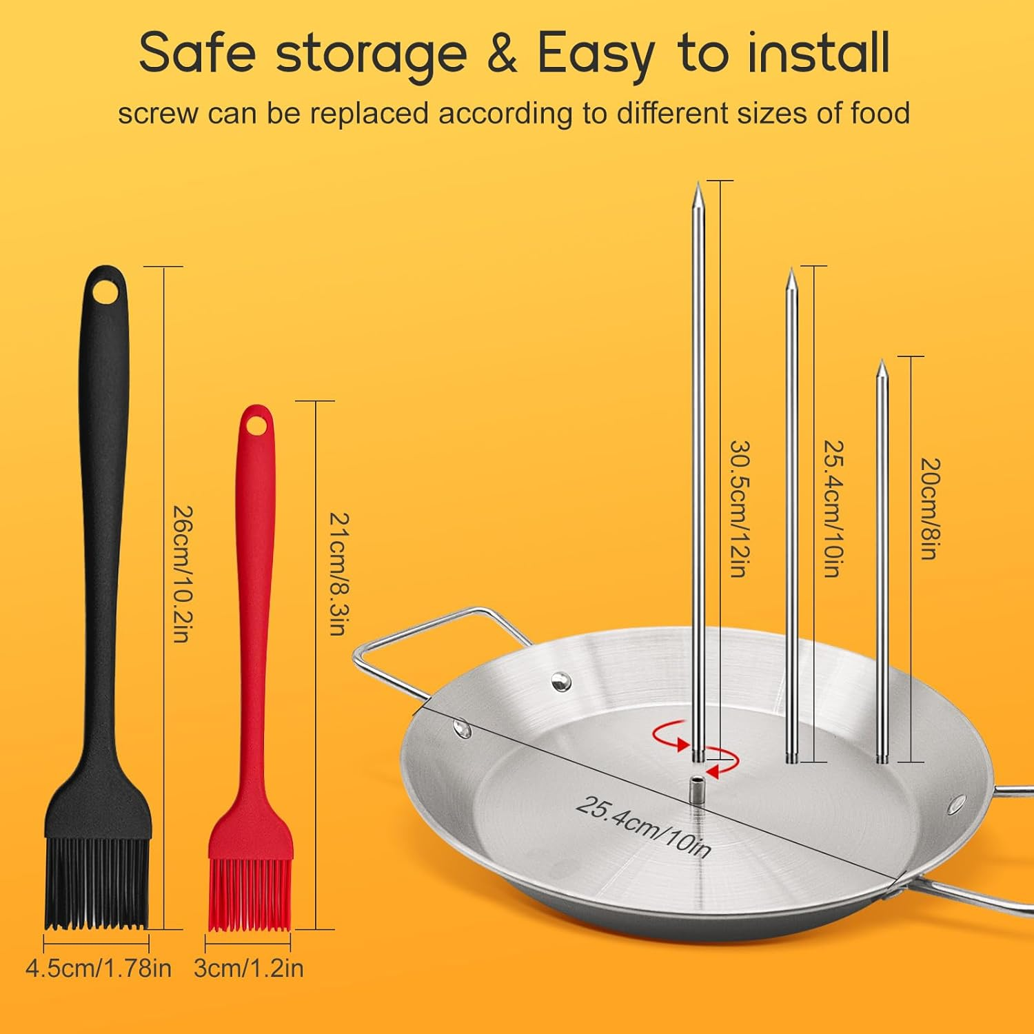 Al Pastor Skewer for Grill, Brazilian Vertical Spit Stand, Stainless Steel Vertical Skewer with 3 Removable Spikes(8"/10"/12") & Brushes, for Shawarma, Tacos Al Pastor, BBQ Dishes, Smoker Oven, Kebabs image number 1