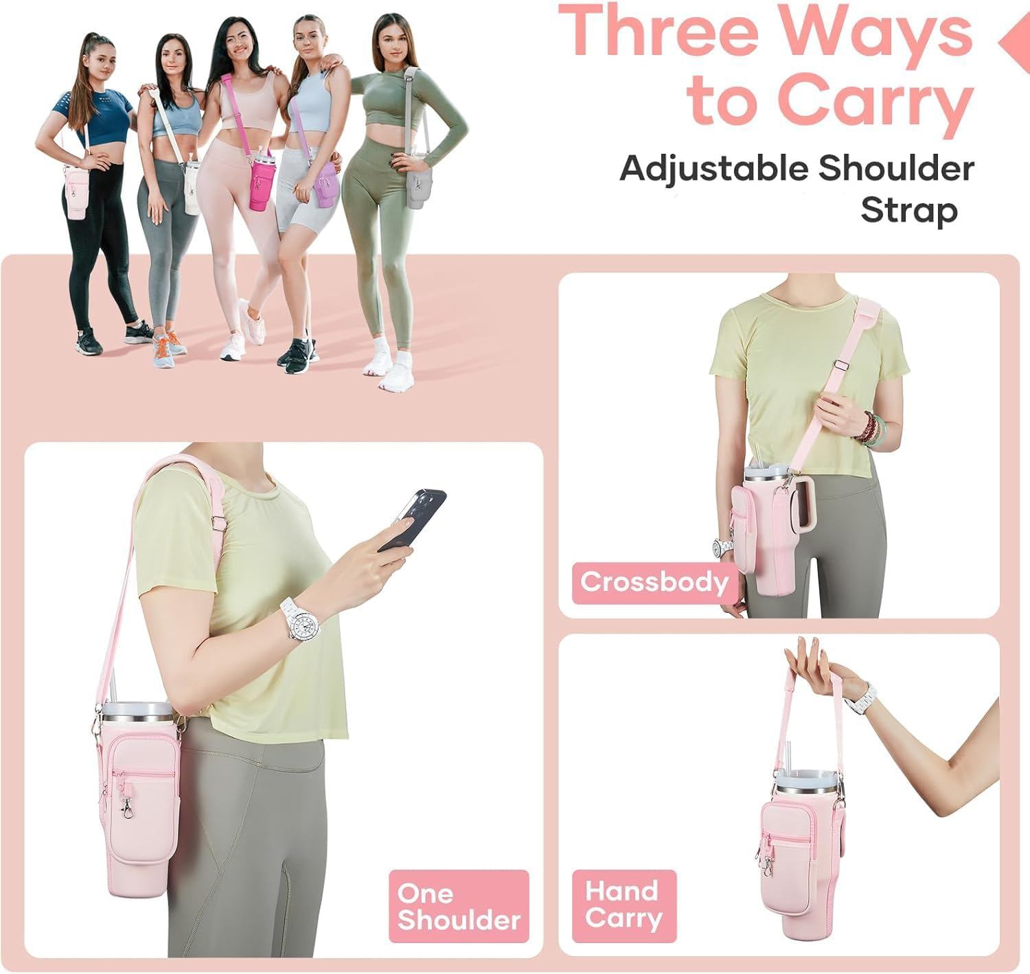 AIROLDI Bag for Stanley Cup 1.2 L / 40 Oz Stanley Cup Accessories, Water Bottle Carry Bag with Mobile Phone Pocket, Carabiner and Adjustable Shoulder Strap, for Travel, Hiking, Running, Cycling - Blue image number 2