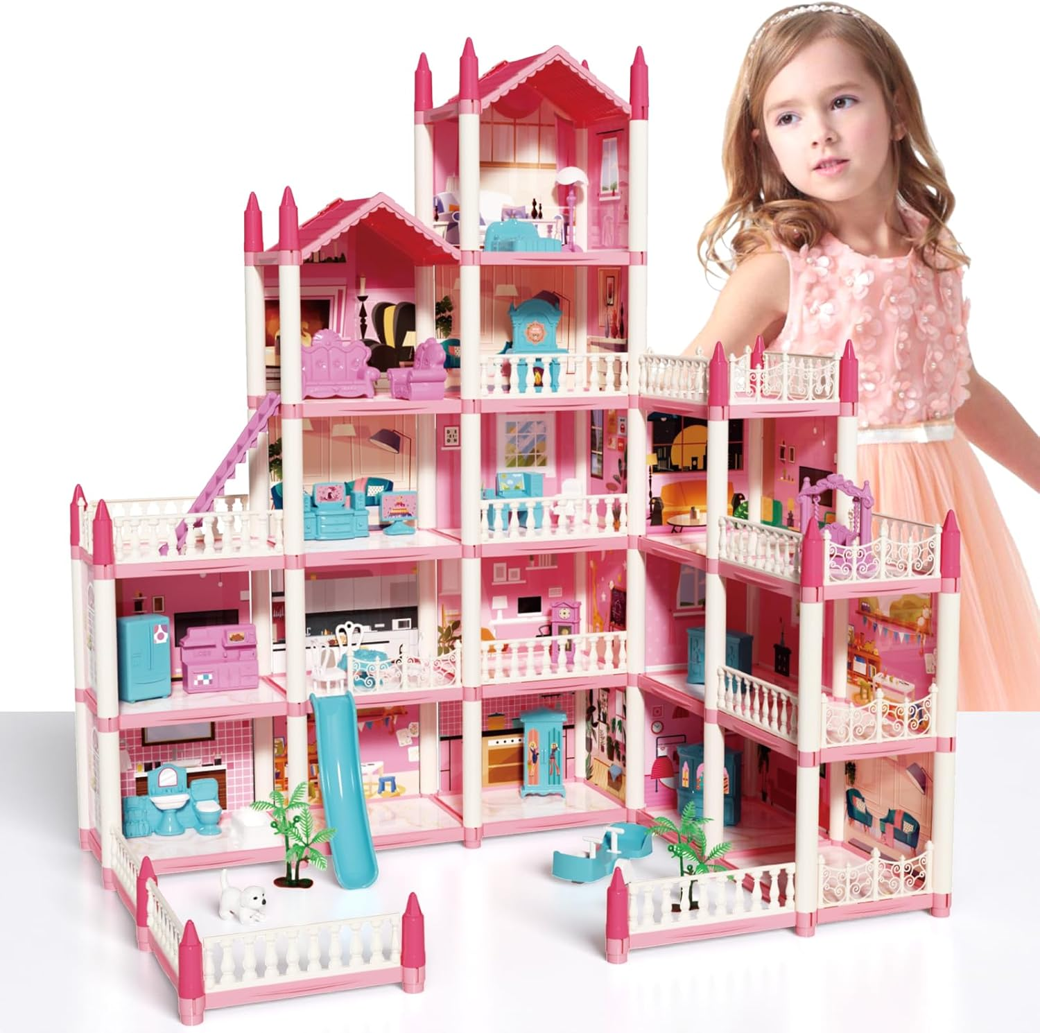 Doll Houses for Girls, Dream Dollhouse Pretend-Play DIY Playhouse Kit Toy - 5-Story 16 Rooms Dollhouse with 4 Dolls & Furniture & Flashing Lights Princess Building Doll House for Ages 3 4 5 6 7 8