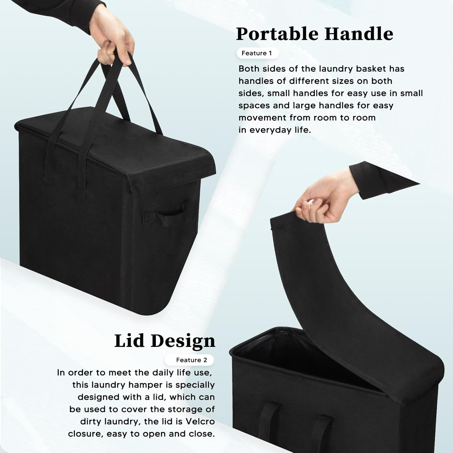 Slim Laundry Hamper with Lid 55L Thin Dirty Clothes Basket with Long Handle, Narrow Laundry Bag, Foldable Dirty Hamper, Narrow Dirty Clothes Hamper for Closet and Bathroom, Black image number 6