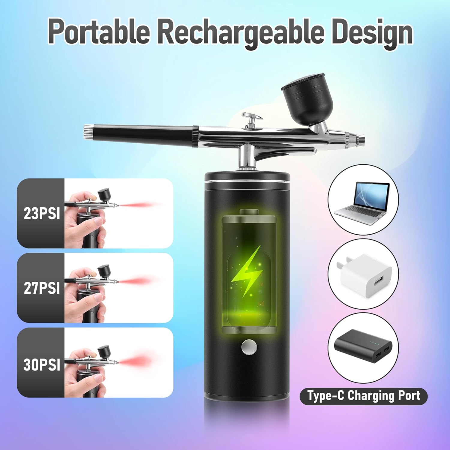 MEKOTRIN Cordless Airbrush Kit, Rechargeable Air Brush Gun Kit with LCD Display, High Pressure Air Brushes with 0.3Mm Nozzle and Cleaning Set for Painting, Tattoos, Makeup, Cake Decorating image number 3