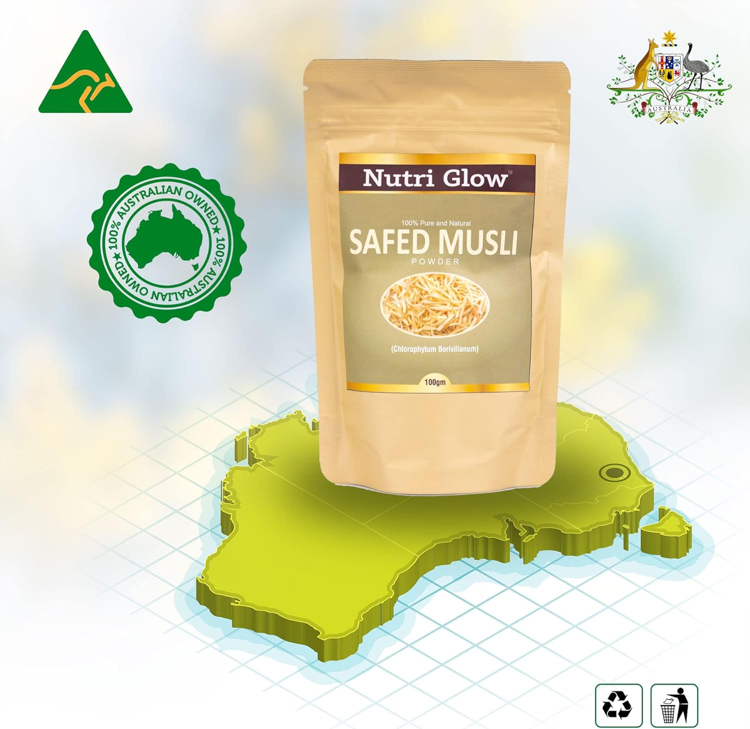 Nutri Glow | Safed Musli Powder | 3.53 Oz (100 G) | Chlorophytum Borivilianum | Herb for Vitality Improve Physical Strength | Muscle Builder Herbal Supplement | Vegan | Ayurveda | Non GMO | Potent Ayurvedic Herb | Resealable Air Tight Pouch image number 3