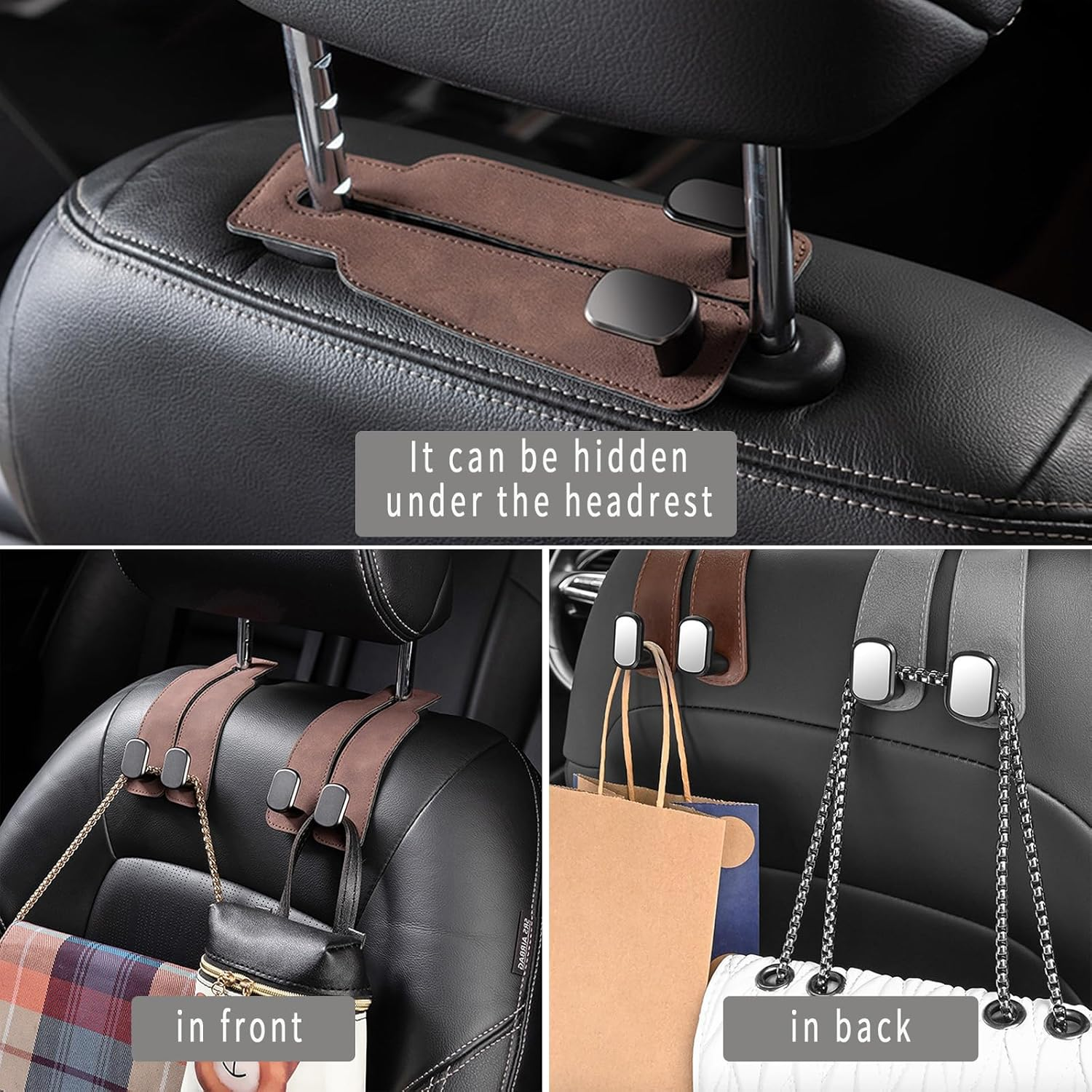 Car Seat Headrest Hook, 2 Pack Leather Car Seat Storage Hanger for Purses and Bags, Car Organization Accessories (2, Black) - Brown image number 3