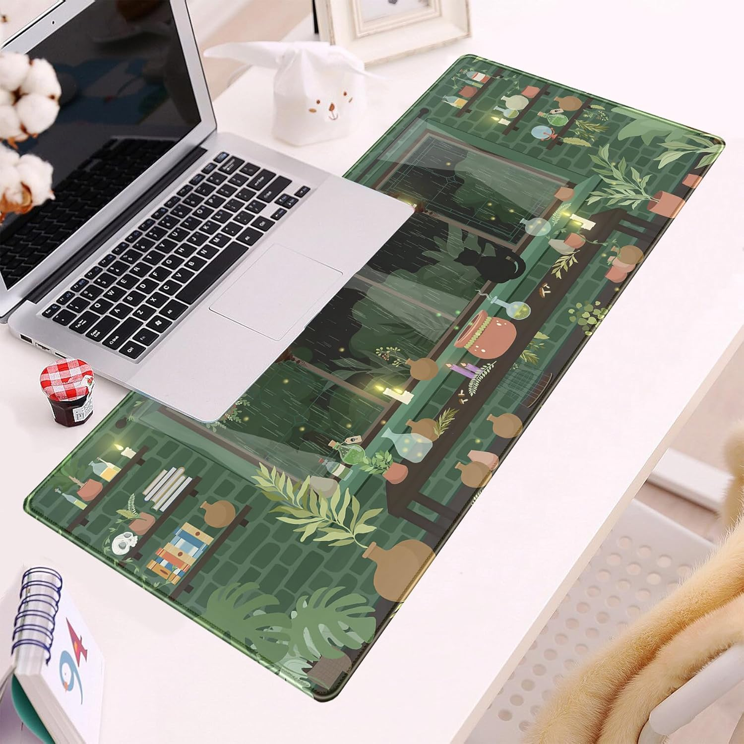 Kawaii Rainy Night Desk Mat Green Plants Gaming Mouse Pad XL, Aesthetic Anime Black Cat Desk Pad Laptop Computer Keyboard Mouse Mat, Desktop Decor Accessories for Girl Women Office 31.5"X11.8" image number 4