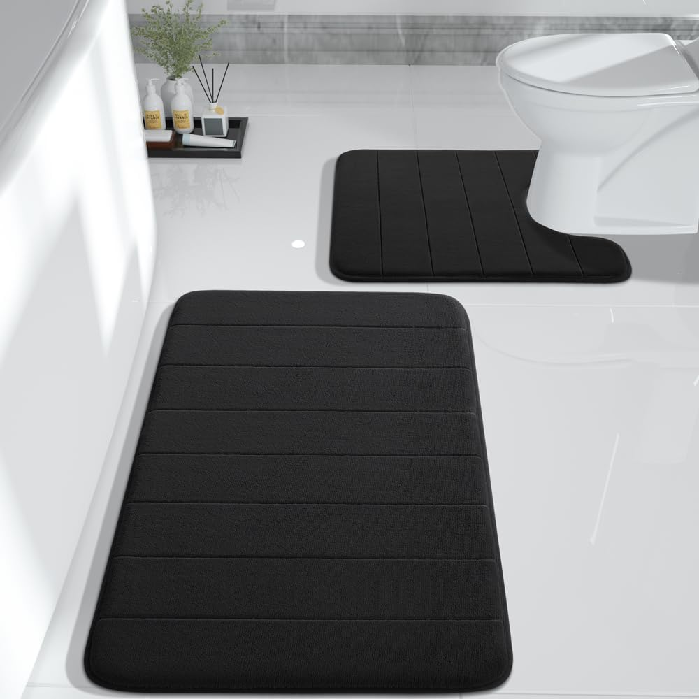 Yimobra 3 Pieces Memory Foam Bath Mat Sets, 31.5 X 19.8 + 17X24 and U-Shaped for Bathroom Rugs, Toilet Mats, Non-Slip, Soft Comfortable, Water Absorption, Machine Washable, Cream White