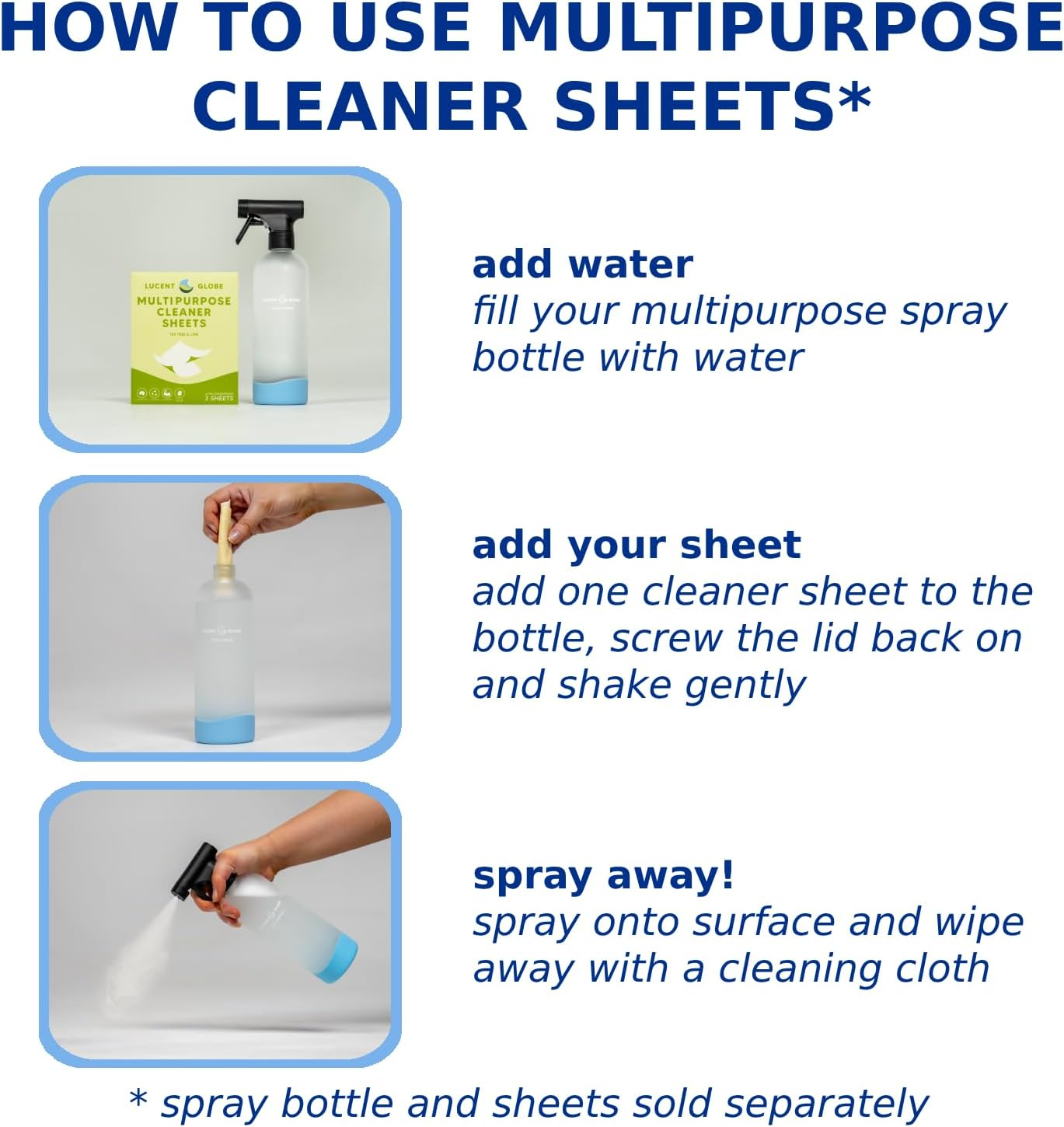 Lucent Globe Multipurpose Spray Bottle &ndash; 500Ml Frosted Glass with Non-Slip Silicone Base (Blue) &ndash; Refillable & Reusable for Cleaning Sheet Refills. image number 4