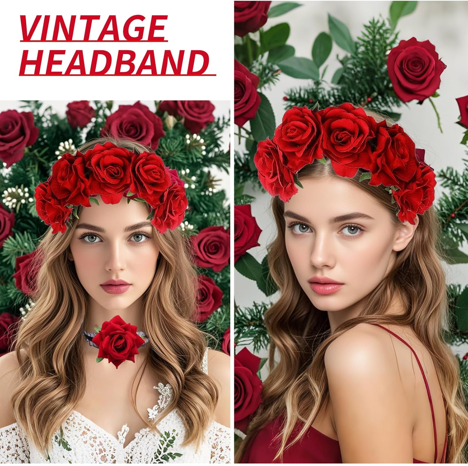 Halloween Floral Crown Stretch Headband - Boho Floral Hairband for Women and Girls - Rose Festival Headband Garland Headwear - Bridal Headbands Headdress - Day of the Dead Headwear image number 1