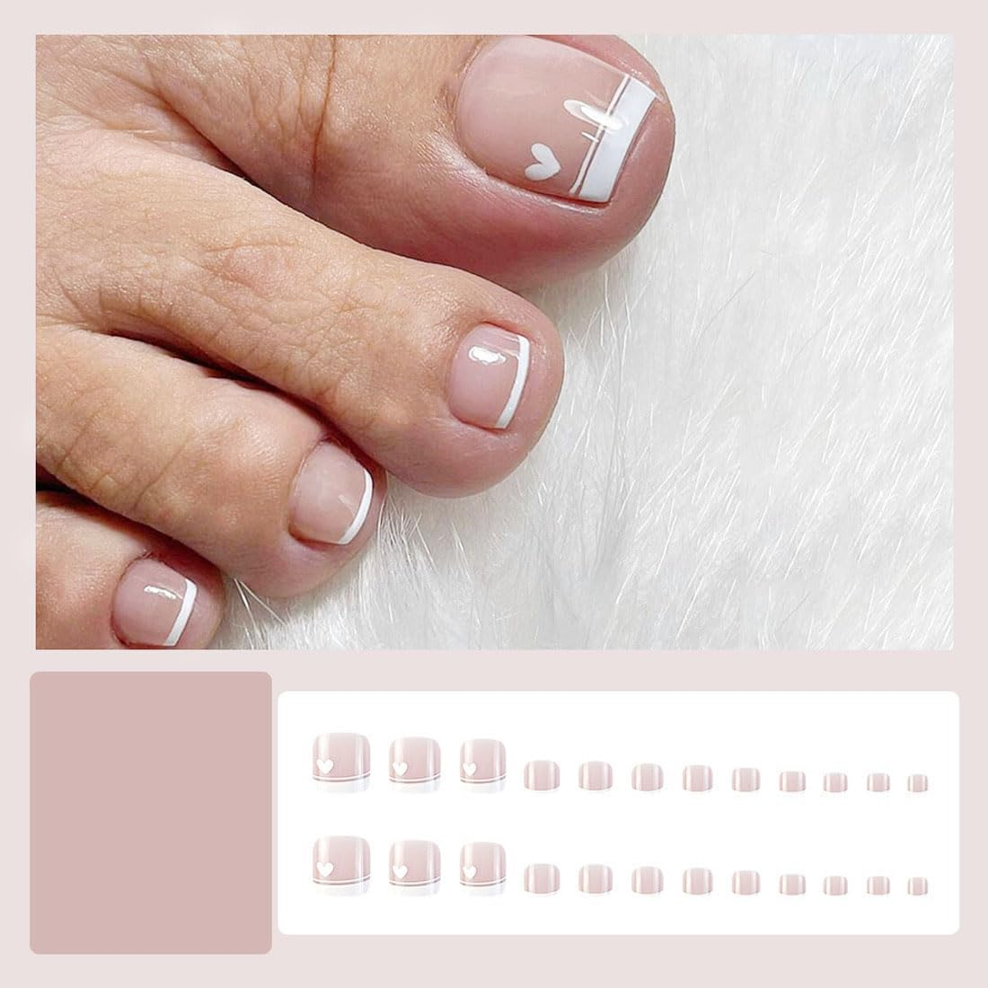 24 PCS French Press on Toenails Heart Design Short Square False Toenails White Glossy Full Cover for Women and Girls image number 1