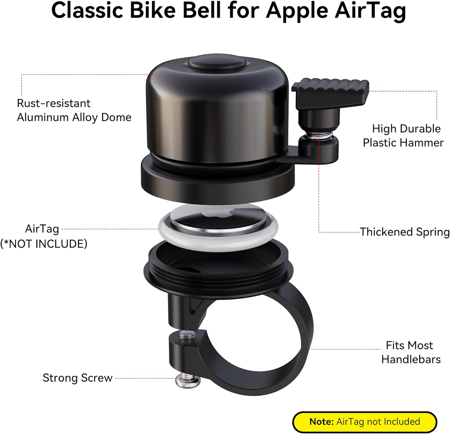 Classic Bike Bell for Apple Airtag, Airtag Holder Hidden in the Bell, Waterproof Aluminum Holder, Airtag Bike Mount, Fits 0.82 to 0.9 Inch Bicycle Handlebars, Loud Crisp Bicycle Bell for Airtag image number 1
