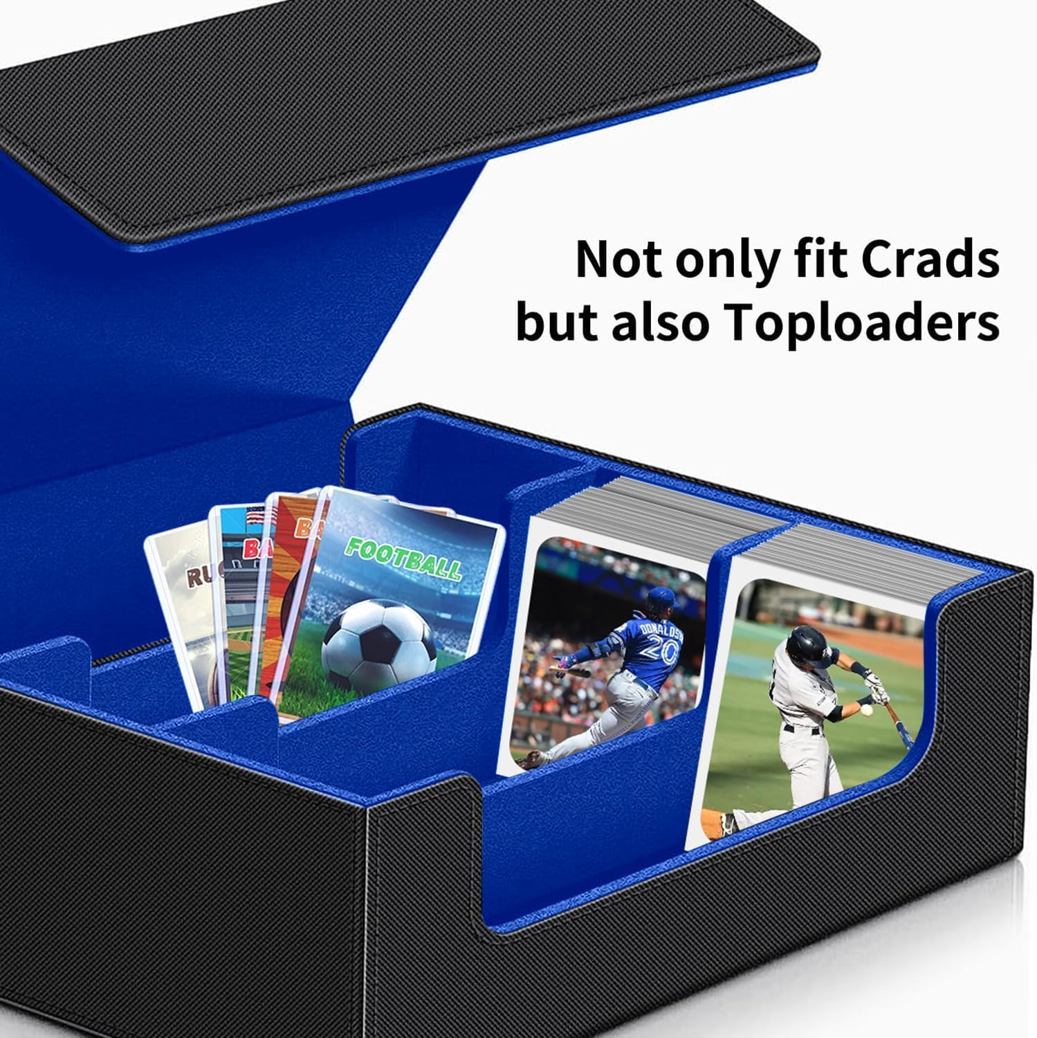 1800+ Trading Card Storage Box, Magnetic Closure Toploaders Storage Box Hold 600+ 35PT 3"X4" Standard Toploaders, PU Leather Card Deck Boxes Fit for Mtg,Sport Cards,Game Cards (Black&Deep Blue) image number 3