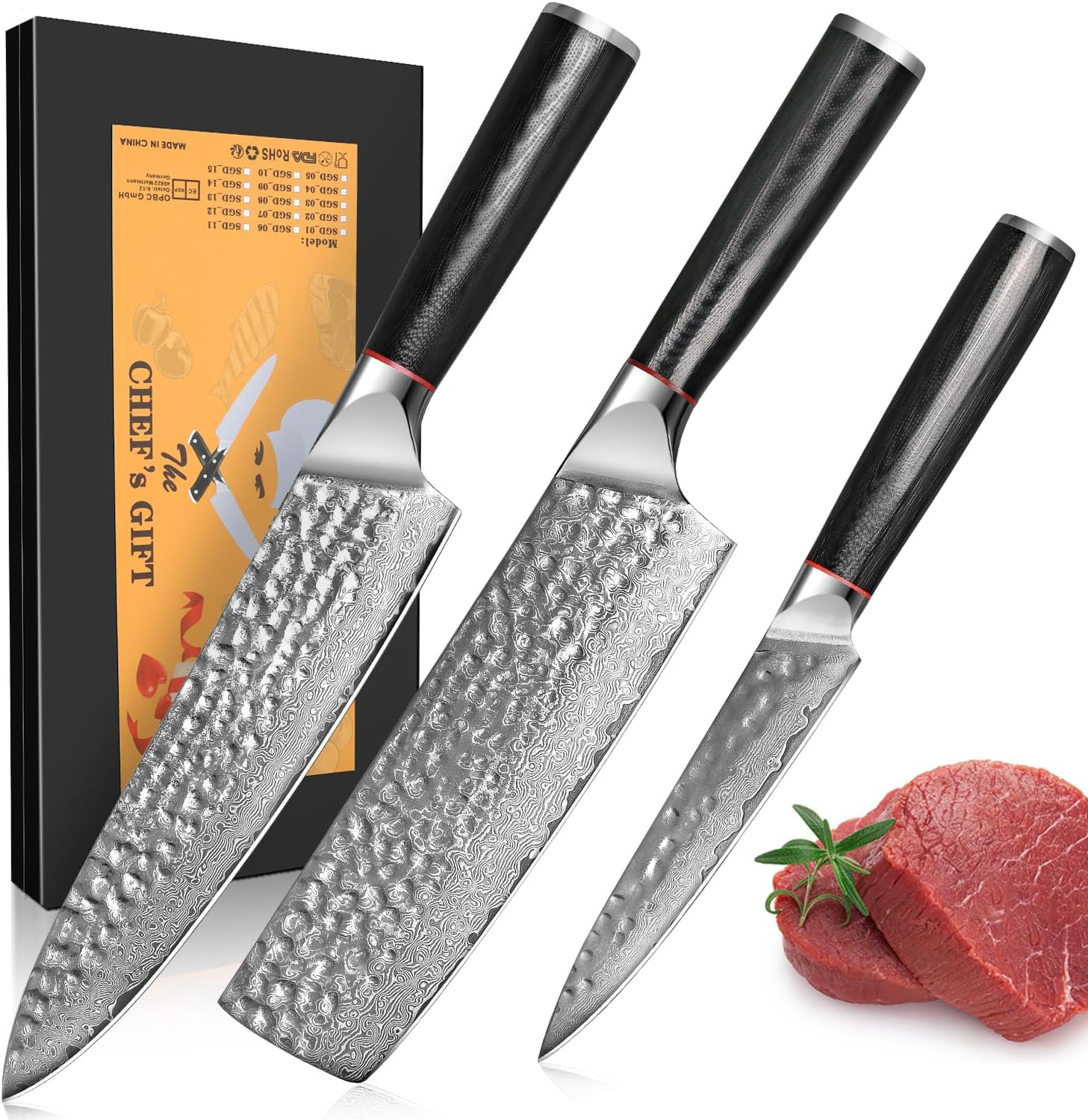 Knife Set 3-Piece Damascus Steel Chef Knife Set &ndash; 8 Inch Razor Sharp Kitchen Knives, 7 Inch Nakiri Knife, 5 Inch Slicing Knife with Ergonomic G10 Handle Cooking Knife Set, Gift Box