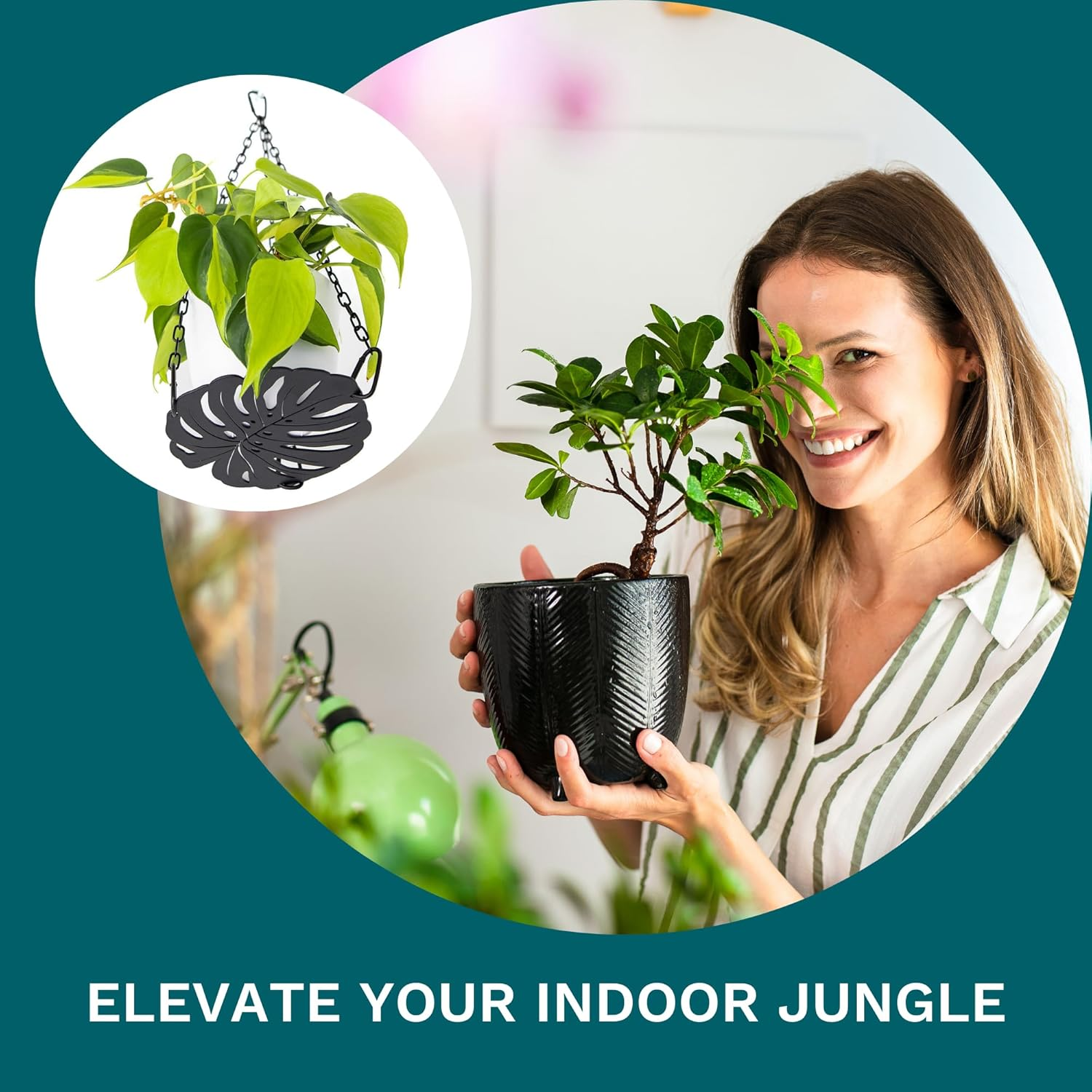 Plant Hanger - Chic Black Metal Hanging Planter for Indoor Plants - Monstera D&eacute;cor - Lasercut Powdercoated Steel - Unique Botanical Design - Clear Your Benchtop - Elevate Your Jungle image number 6