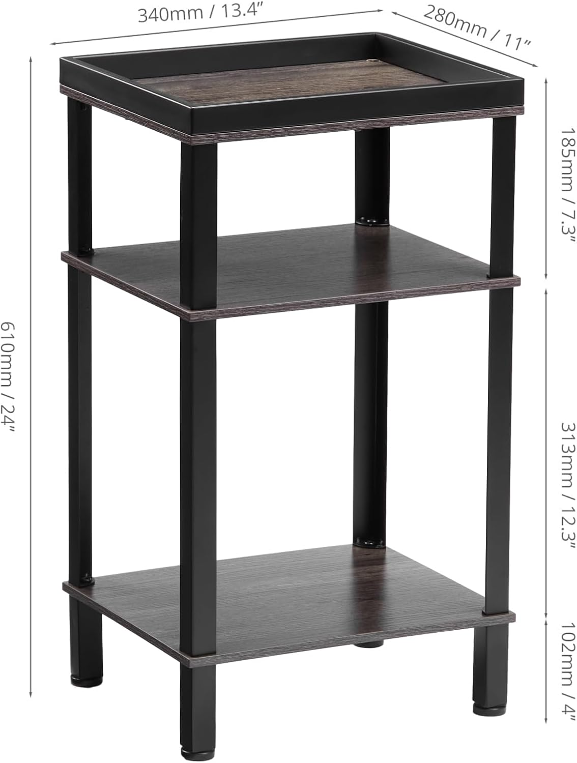 Side Table for Small Spaces,3 Tier End Table with Metal Tabletop Tray Storage Shelf, Small Narrow Thin End Table Bedside Table,Nightstand for Hallway,Living Room,Bedroom, Office (Grey) - Rustic Brown image number 5