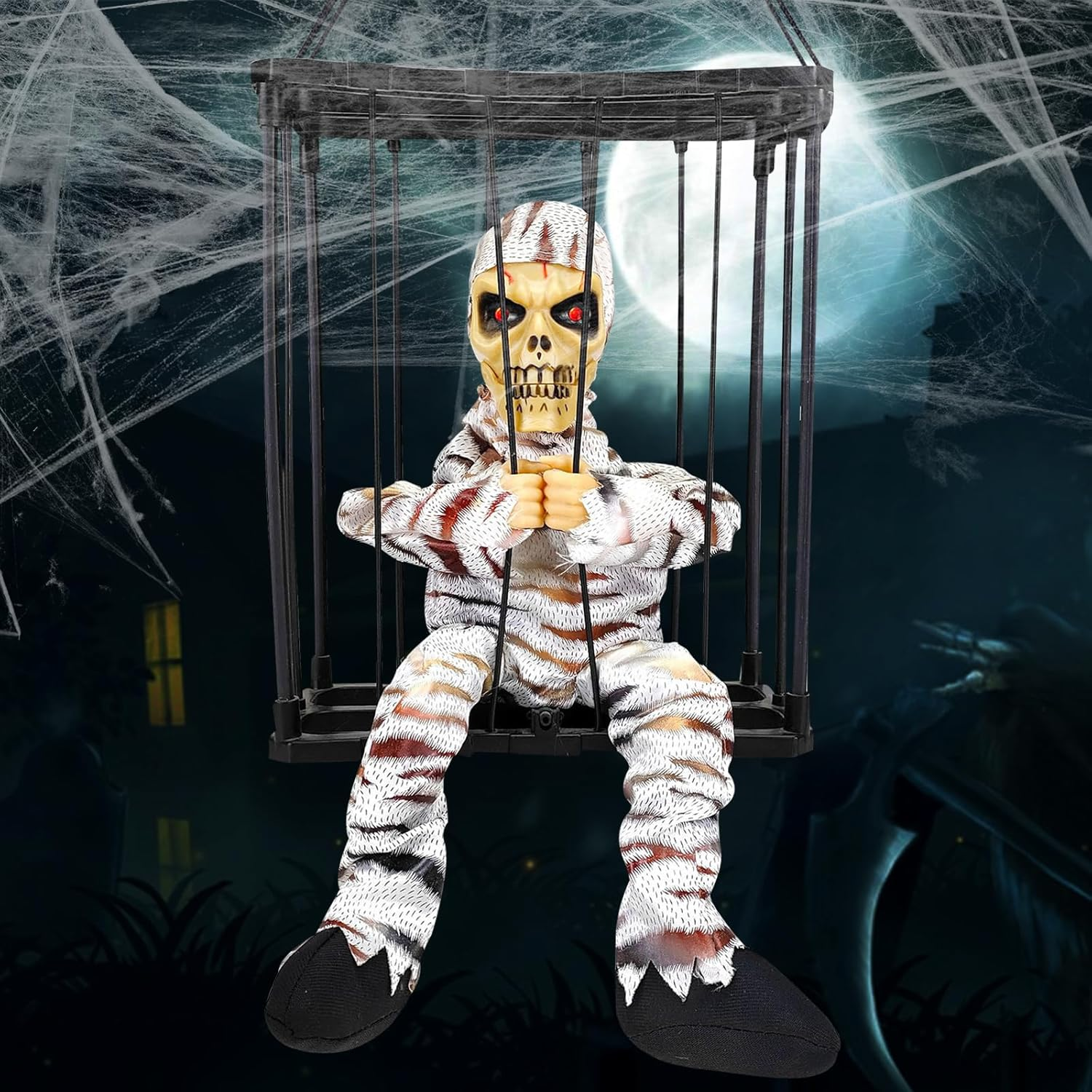 Screaming Animated Halloween Decorations, Halloween Decor Prop with Motion Sensor, Scary Skull Cage Prisoner Haunted House Decor, Spooky Hanging Ghost Eyes Glow Decorations (Color D) image number 2