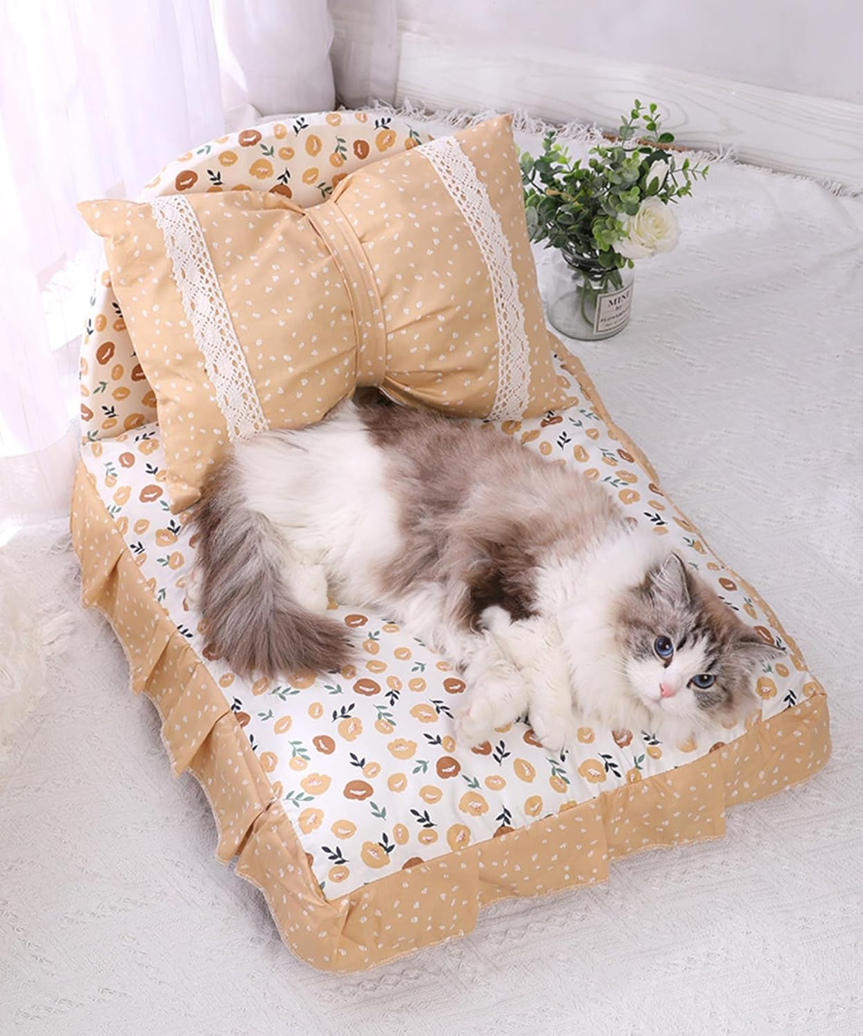 Pet Bed, Fluffy, Cute, Dog, Cat, Stylish, Square, All Seasons, Pet Sofa, Pet, Cushion, Pillow, Princess-Style, Ruffle, Pet Bed with Princess-Style Pillow (Beige)