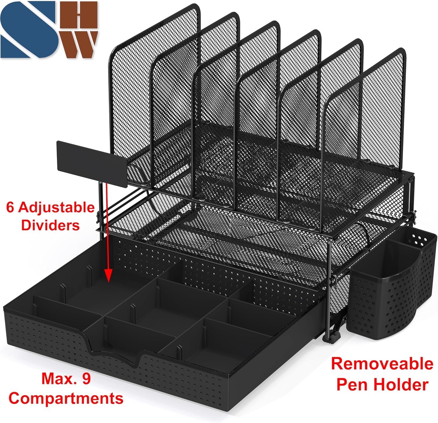 Simple Houseware Desk Organiser with Sliding Drawer, Double Tray and 5 Upright Sections, Black image number 4