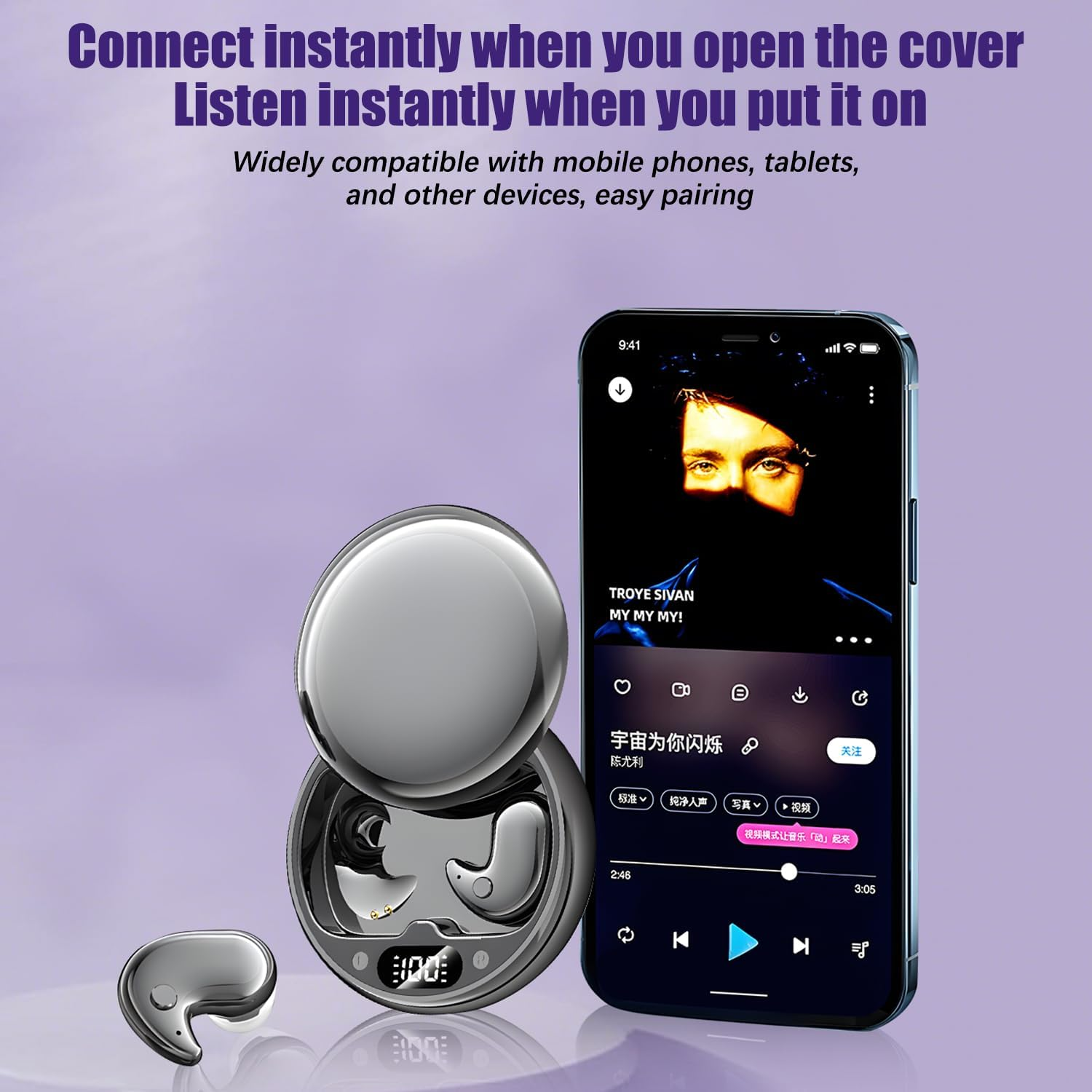 Sleep Ear Buds, Invisible Sleep Wireless Earphone, Comfortable Fit LED Power Display Clear Sound for Sleeping Working Hiking (White) - Black image number 2