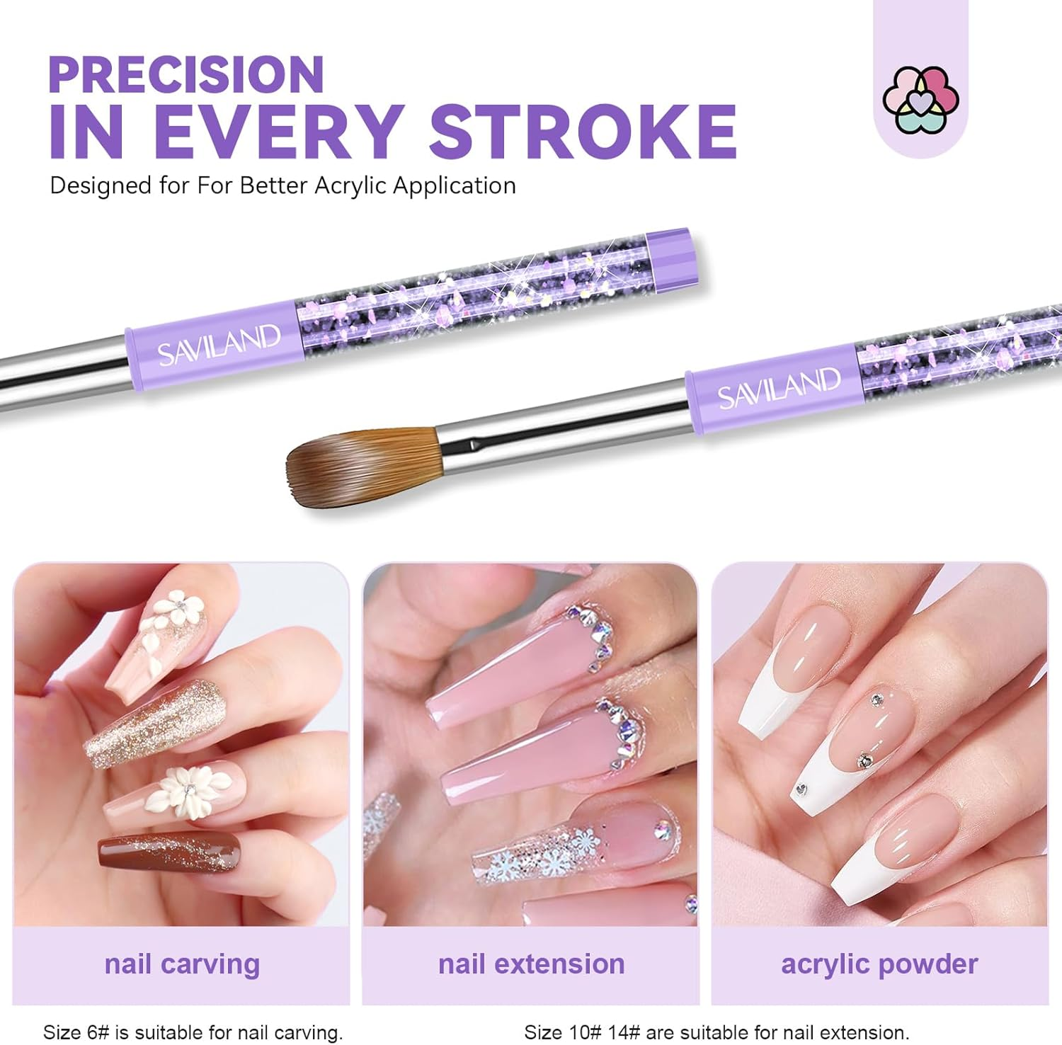 SAVILAND Kolinsky Acrylic Nail Brush Set: Size 6,10,14 Professional Nail Brushes Cleaner Manicure Tool for Acrylic Application Acrylic Powder Nail Extension 3D Nail Carving for Nail Art DIY image number 5