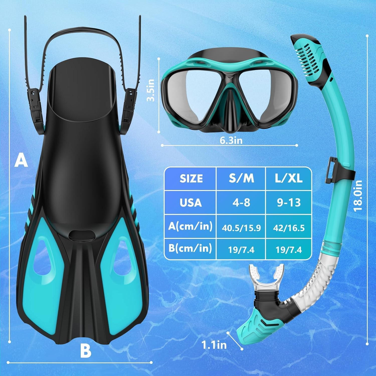Mask Fin Snorkel Set with Adult Snorkeling Gear, 180&deg; Panoramic View Diving Mask, Trek Fin, Dry Top Snorkel +Travel Bags, for Swimming, Snorkeling and Travel Diving image number 6