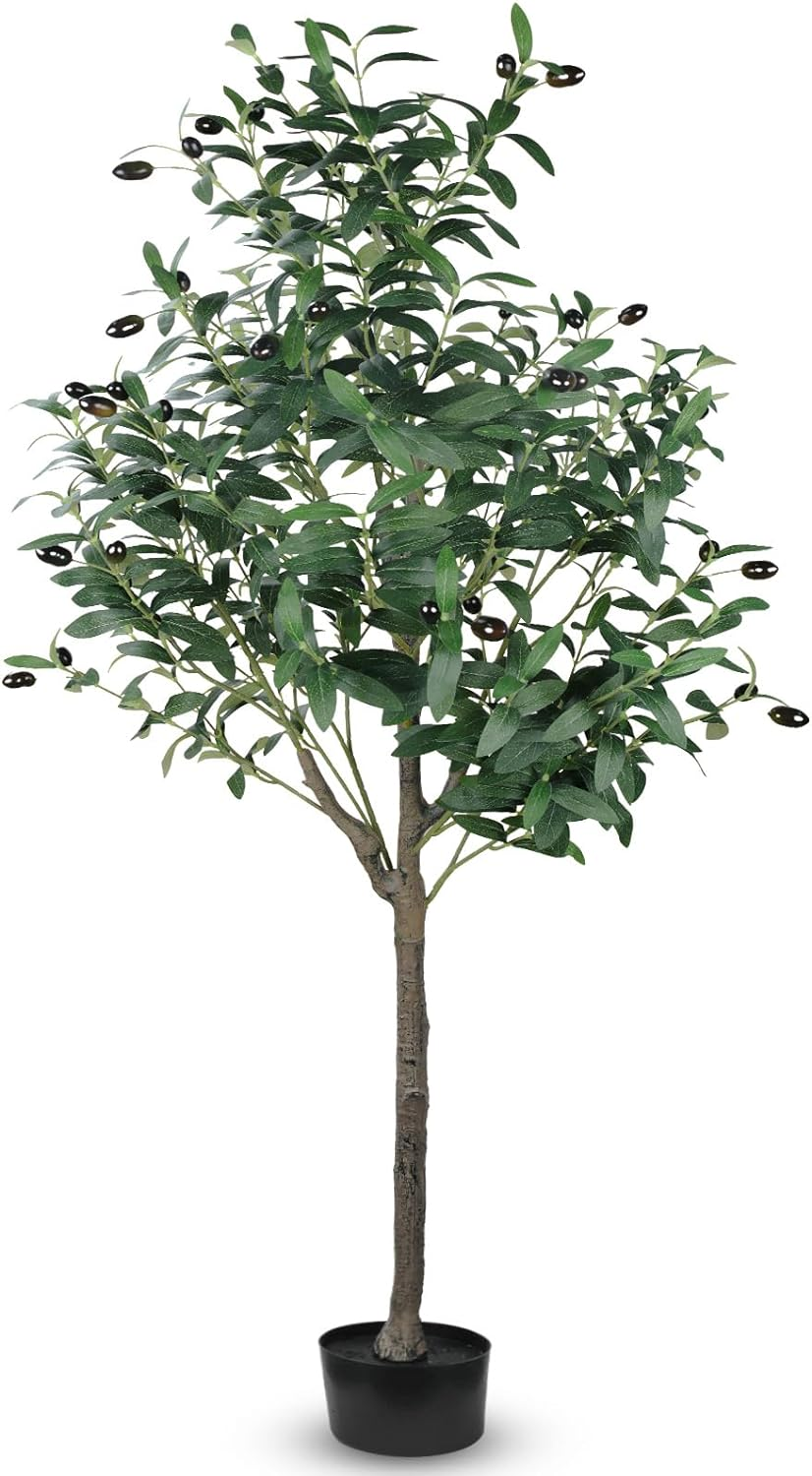 Artificial Olive Tree 5Ft/150Cm Tall Faux Silk Plant Large Fake Olive Potted Tree with Natural Wood Trunk and Lifelike Fruit for Home Office Decor Indoor with Plastic Planter