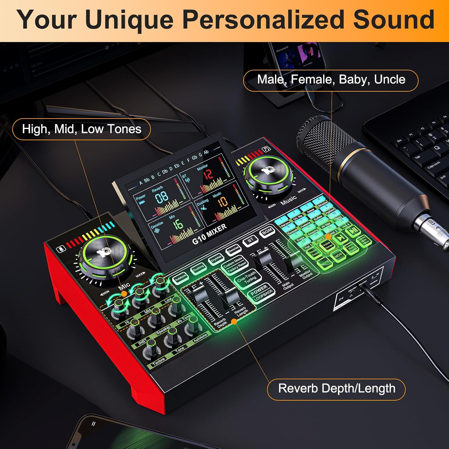 Tenlamp G10 Gaming Audio Mixer, Audio Interface with 3.5Mm/Xlr Microphone Input, 48V Phantom Power, Voice Changer Live Sound Card for Streaming, Podcasting, Recording, and Singing Content Creation image number 3