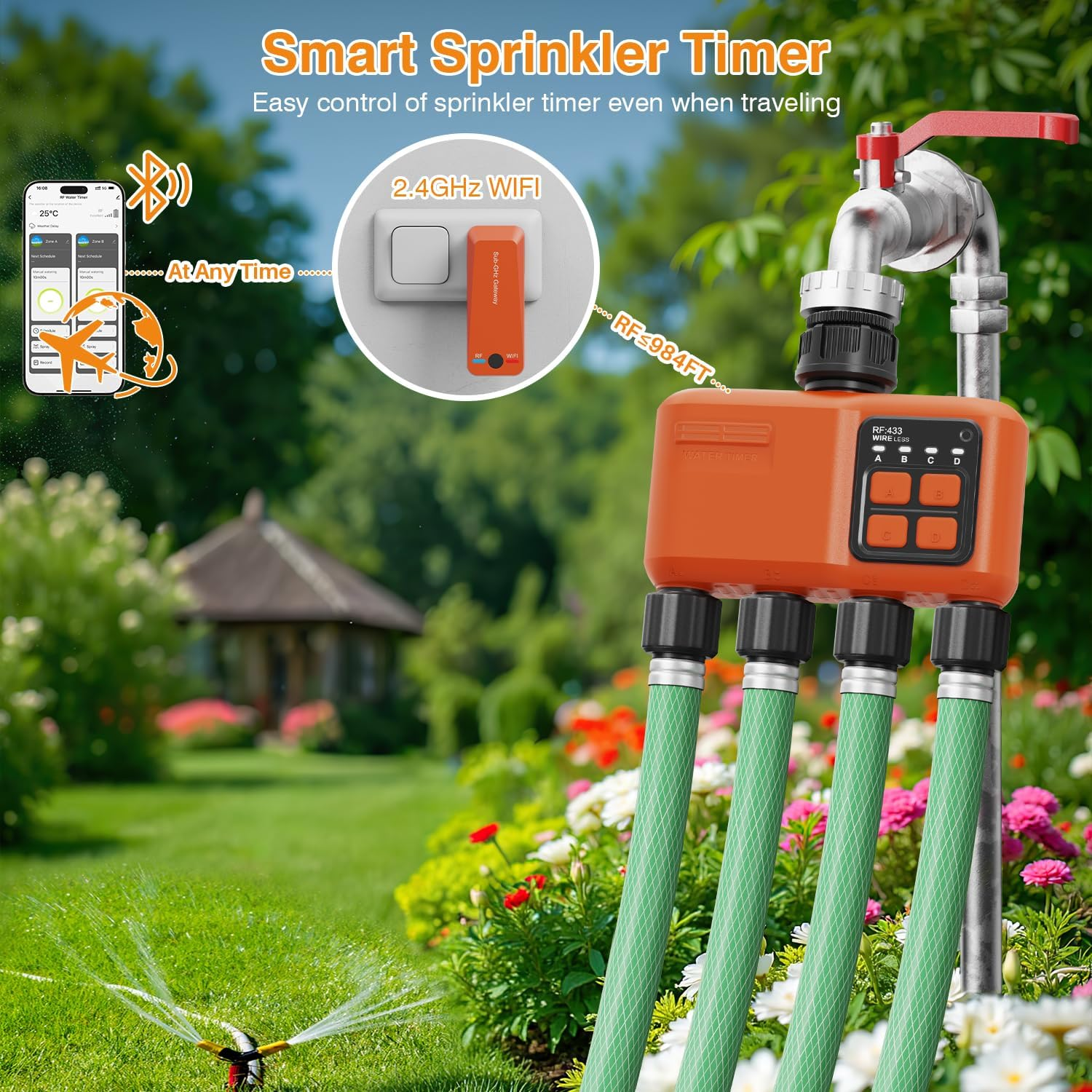 Smart Wifi Sprinkler Timer 4 Zone,Wifi Water Timer for Garden Hose with 984 FT Range,App & Remote Control,Alexa & Google Voice Compatible,Rain Delay, Manual Mode Sprinkler System image number 4