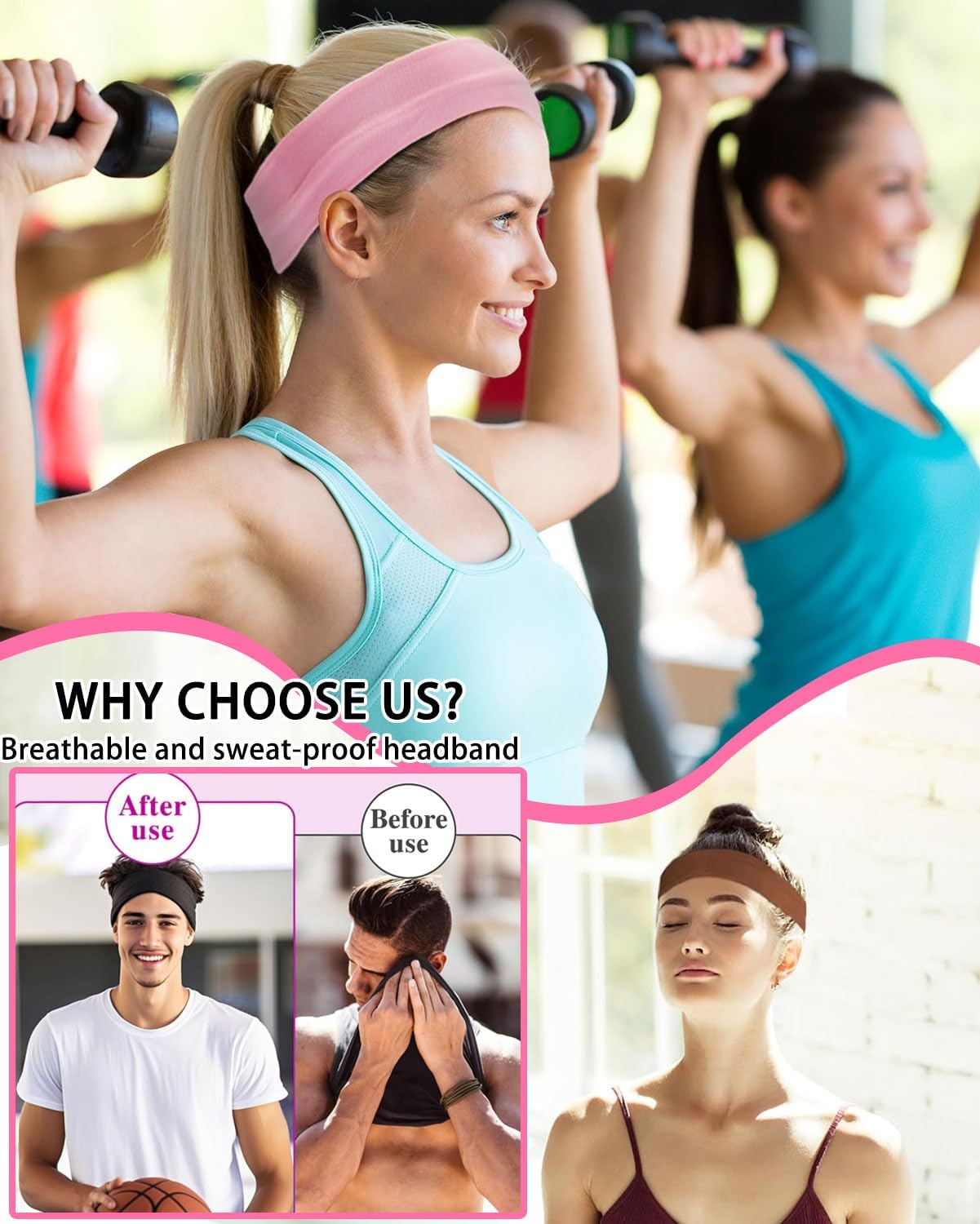 JUKOTA Pack of 5 Hair Bands, 5 Cm Wide Multicoloured Hair Band, Elastic Headband, Non-Slip Headband for Running, Cycling, Fitness, Yoga image number 1