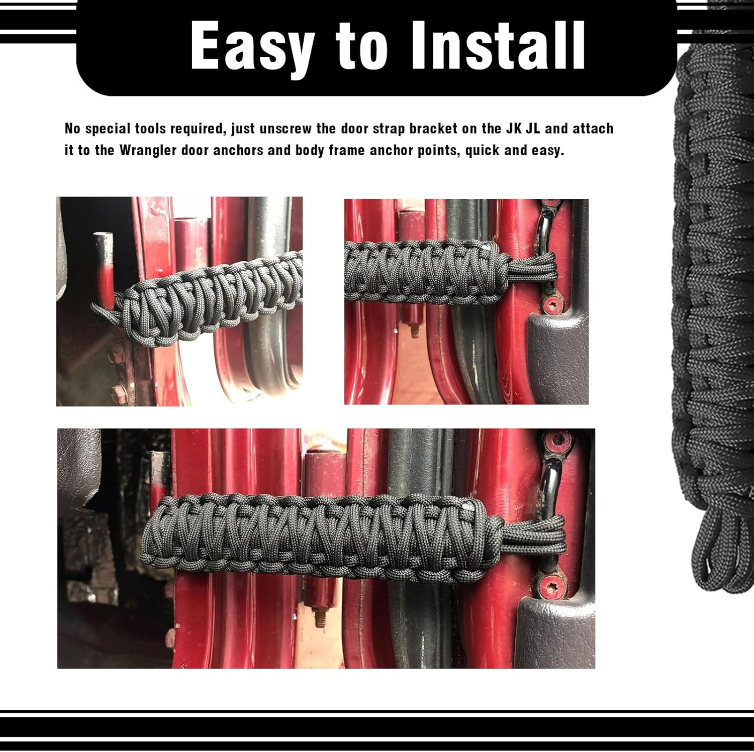 Yumfugu Pack-2 Car Door Limit Straps, Heavy-Duty Paracord Hand-Woven Straps Locator, Tensile Resistant Door Swing Limiter, Swing Door Check Limiter, for Jeep Wrangler CJ YJ TJ JK JKU JL (Black) image number 4