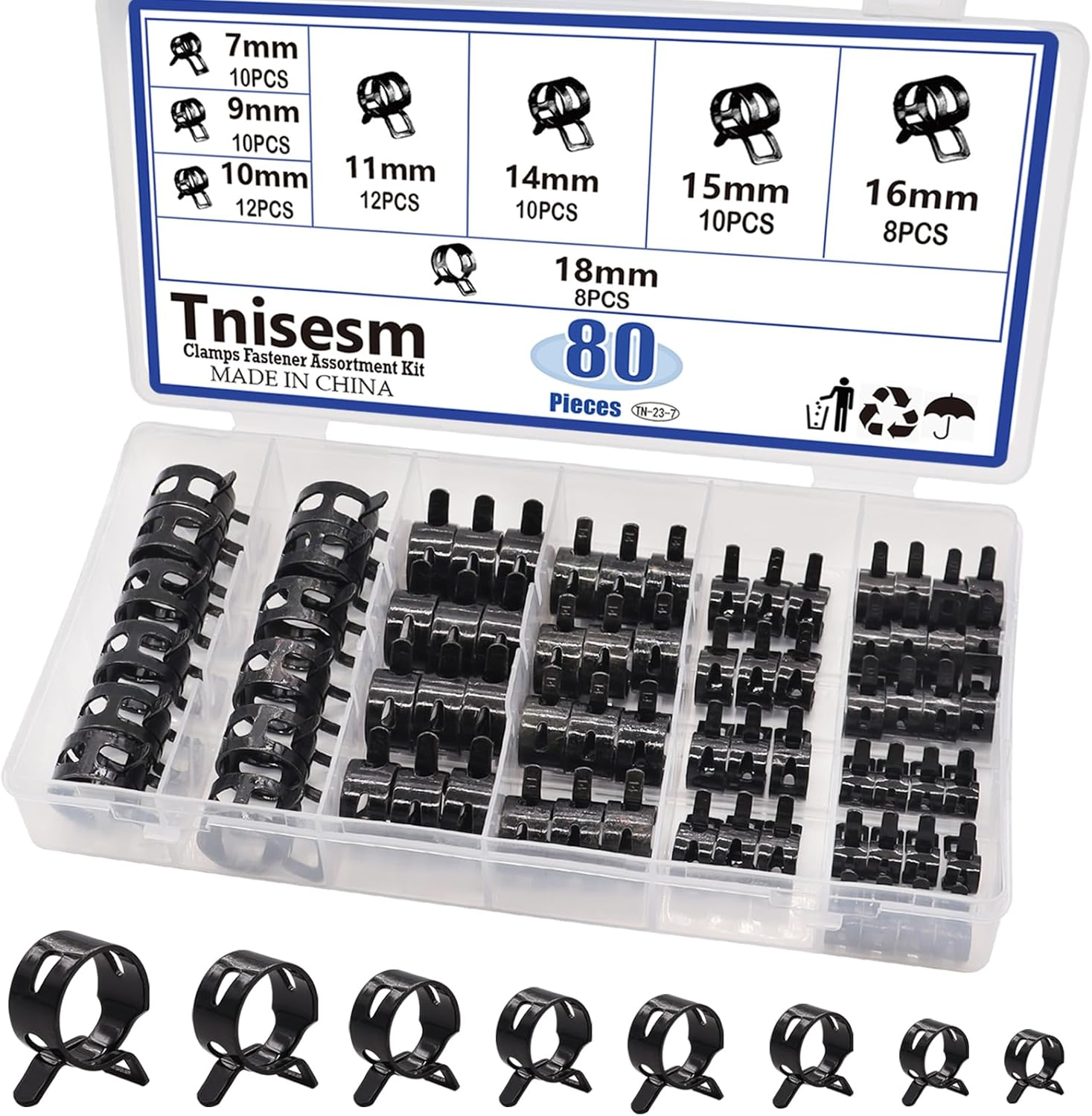 Tnisesm 80Pcs Spring Band Hose Clamps Assortment Silicone Vacuum Hose Pipe Clamp 7Mm 9Mm 10Mm 11Mm 14Mm 15Mm 16Mm 18Mm Low Pressure Air Clip Clamp(Black) image number 2