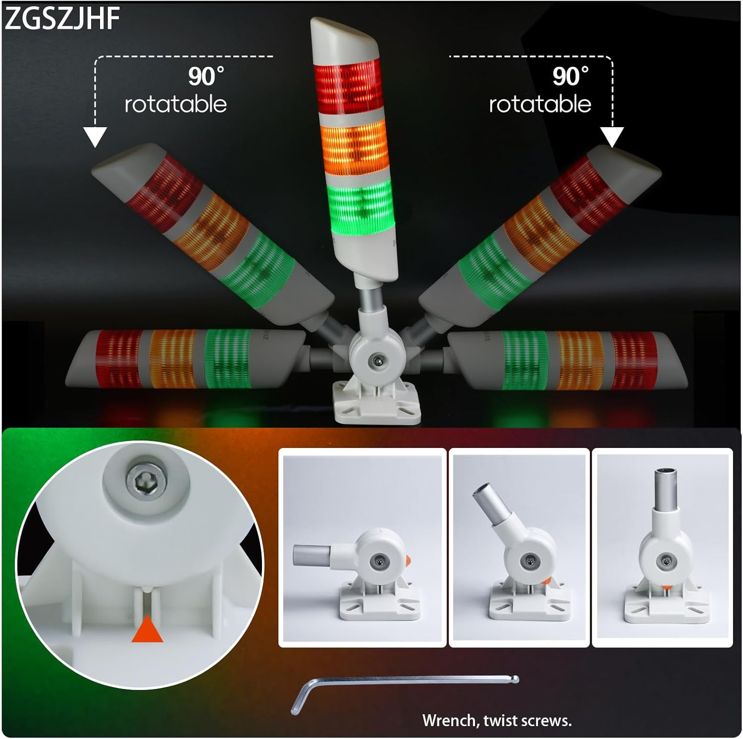 3-Layer Led Signal Tower Stack Lights, Industrial Signal Warning Lights, Column Tower Lamp with Rotatable Base Steady 24V DC/AC with Buzzer image number 3