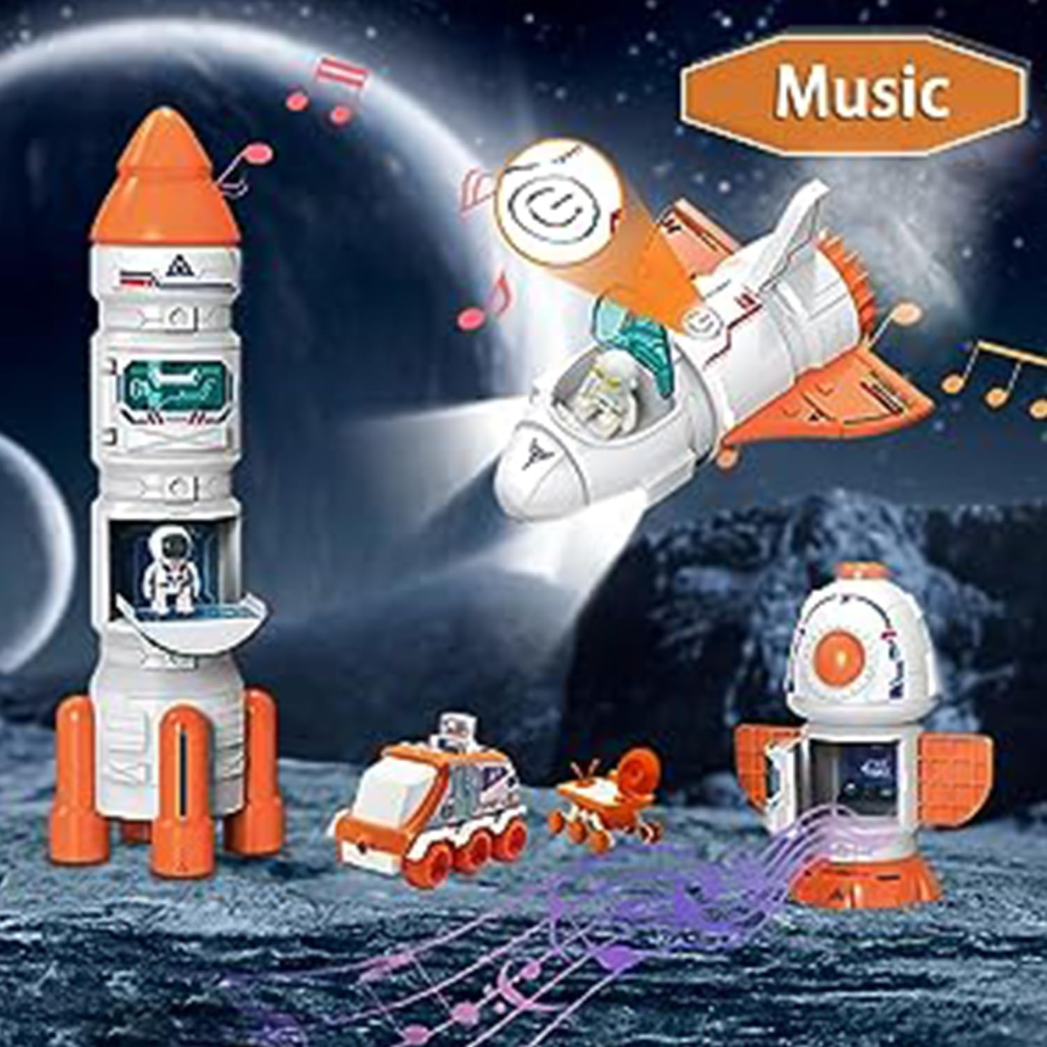Space Toy for Kids Rocket Ship Toys with Space Shuttle, Astronaut Figures, Space Rover, Spaces Station, 5 in 1 Spaceship Toy for Boys 3-8, Aerospace Model Space Figure Toys with Sound & Lights