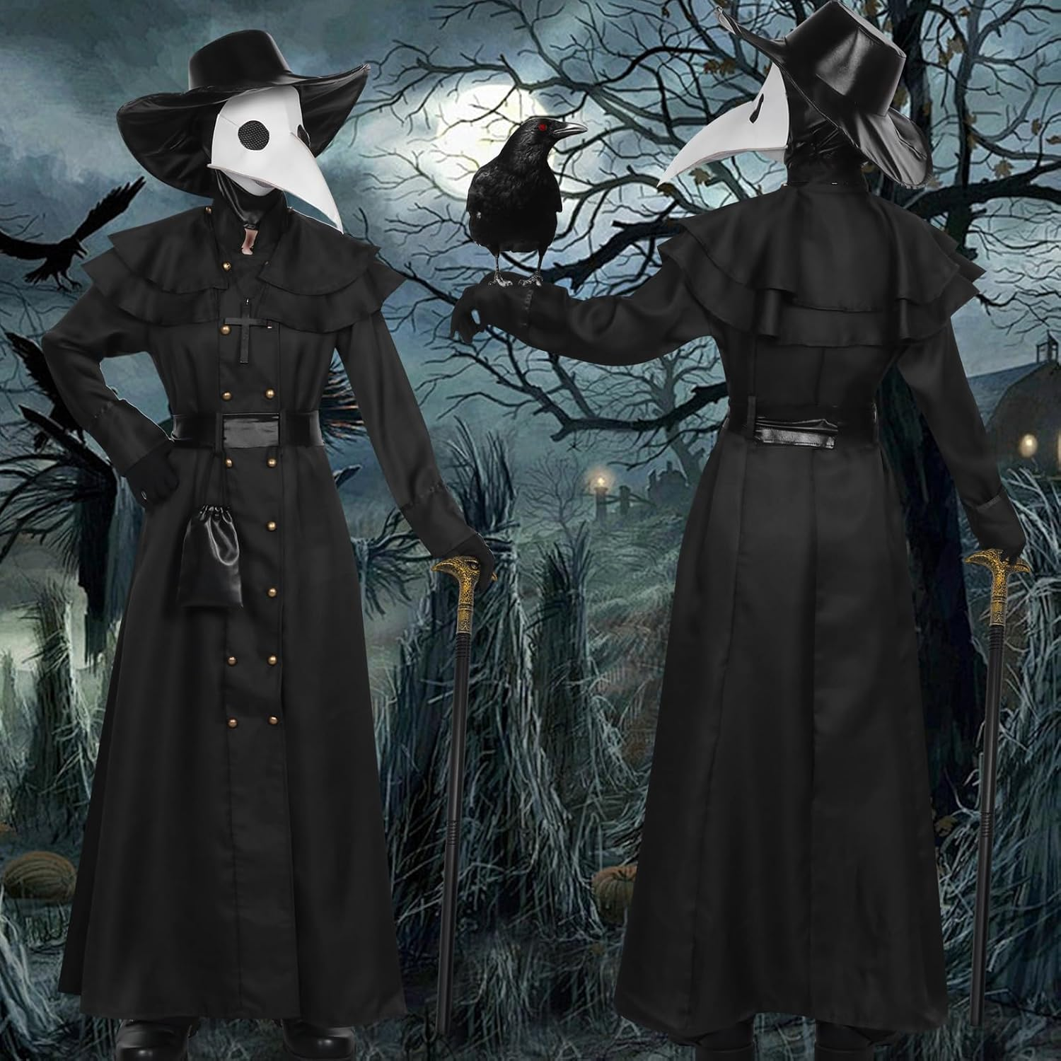 Plague Doctor Costume Set Halloween Props Medieval Monk Priest Renaissance Cosplay Mask Cloak Robe Cane Hat image number 2