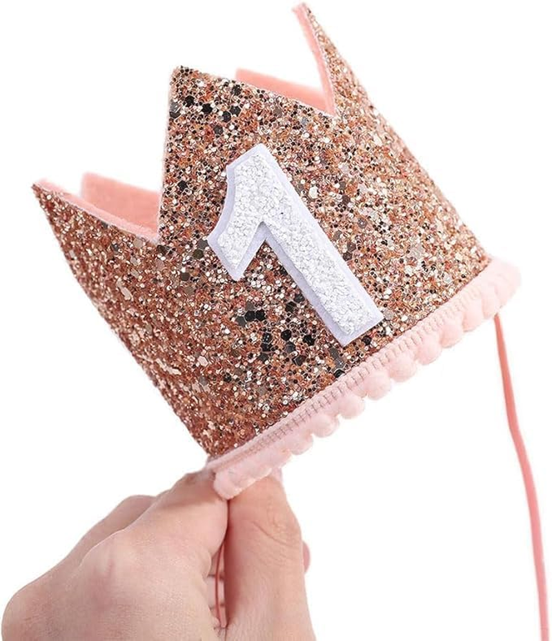 Baby First Birthday Crown, 1St Happy Birthday Decorations Birthday Party Favors, Infant Glitter Birthday Crown Photo Booth Props Photography Props First Birthday Outfit Girl Boy(Pink)
