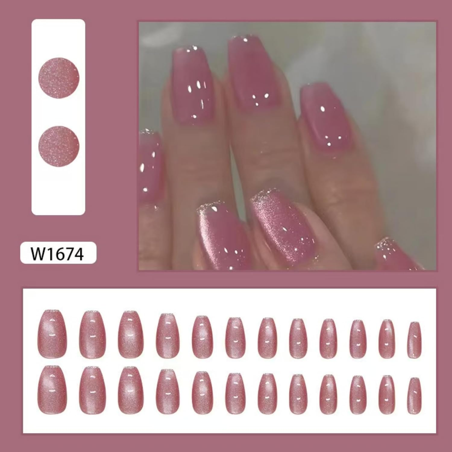 KAVI' S 24Pcs French Tip Stick on Nails Cat Eye Press on Nails Purple Nude Gradient Glitter Fake Nails Ballerina Acrylic False Nails Jerry Glue for Women Girls Nail Art image number 1
