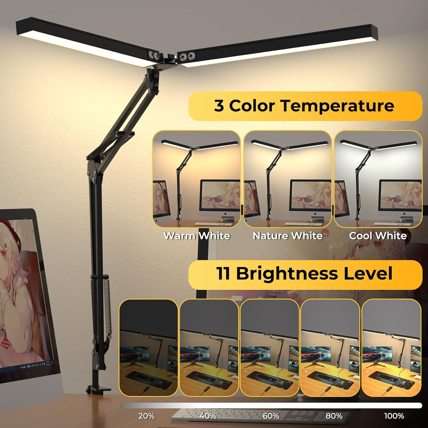 LED Desk Lamp, Double Head Table Lamp, Clampable, Adjustable Swing Arm, 2400 LM, 5 Colour Temperature Modes, Timer and Memory Function, Easy to Install - for Office, Reading, Black