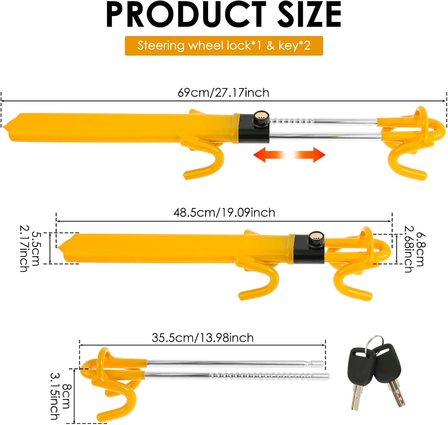 Steering Wheel Lock Anti-Theft Heavy Duty Car Device with 2 Keys Universal Car Steering Wheel Lock with Double Hooks Design Adjustable Length for Cars Trucks Vans and Suvs(Yellow, 1Pc) image number 2