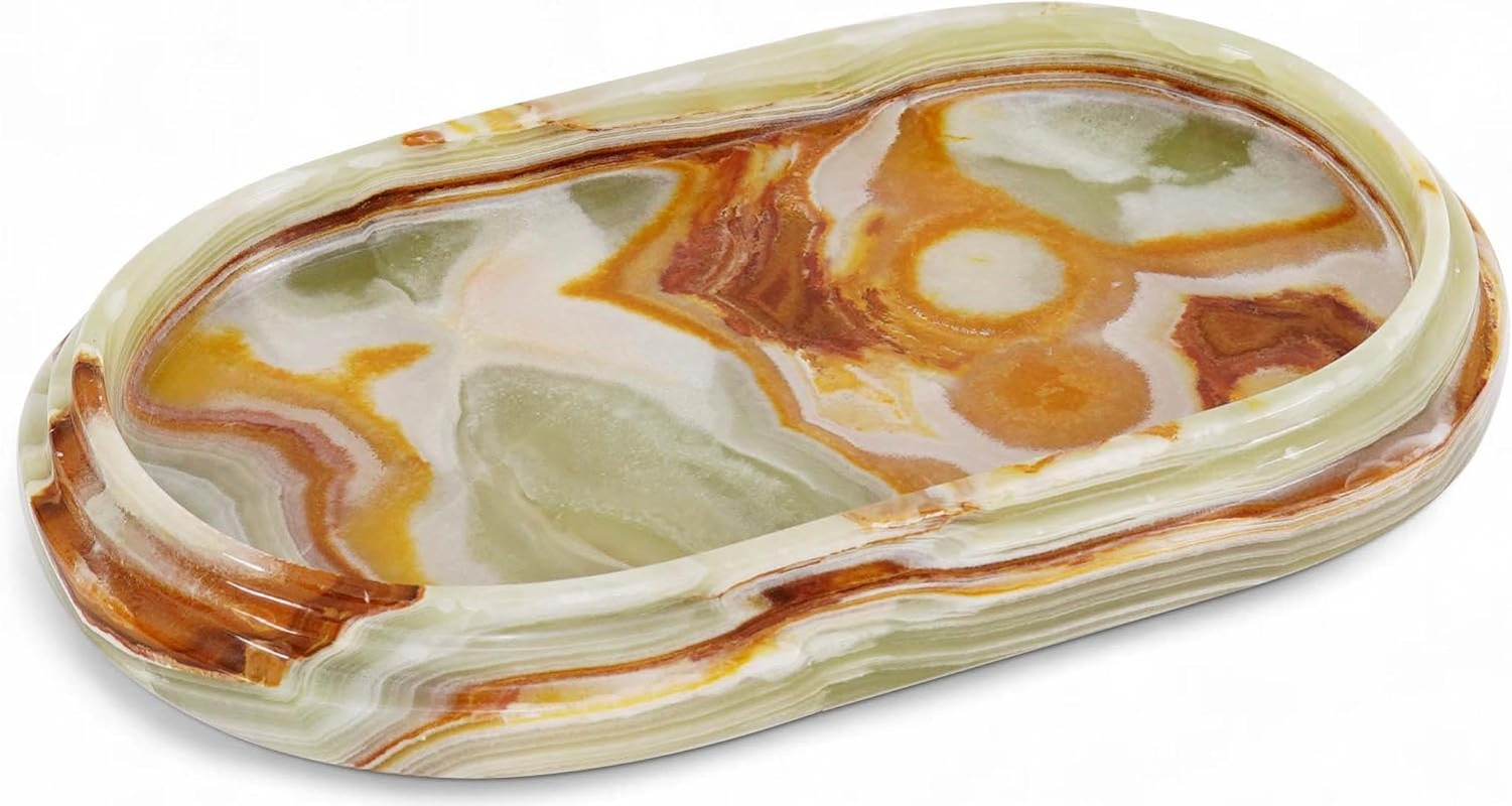 Marble Vanity Tray 9.75 Inch Green Handmade Oval Food Tray for Kitchen Countertop, Ideal Decorative Stone Trays for Perfume, Jewelry - Coffee Table Centerpieces for Dining Room - Travertine Beige image number 4