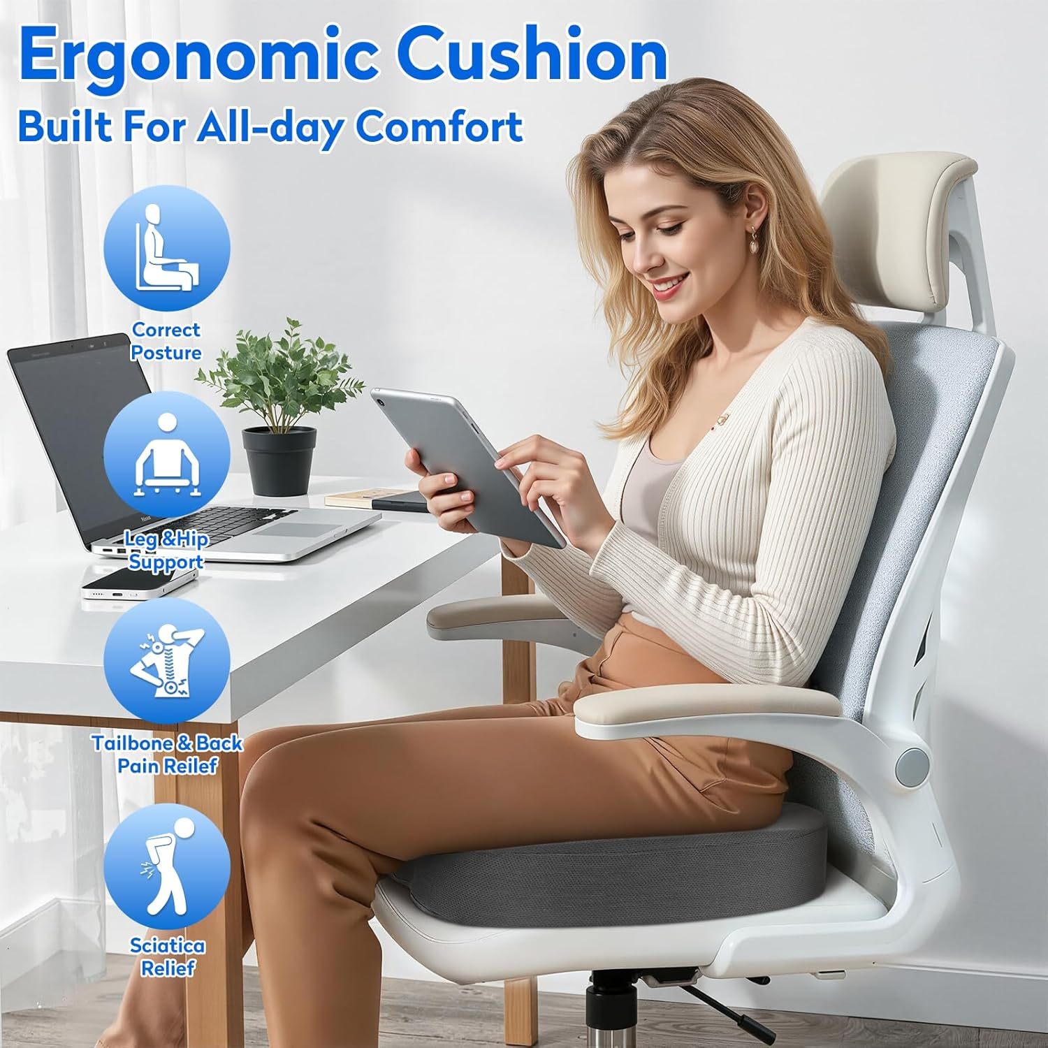 Seat Cushion, Office Chair Cushions, Car Non-Slip Sciatica & Back Coccyx Tailbone Pain Relief Pad, Memory Foam Pillow for Computer Desk, Wheelchair, Driving(Grey) Gray X-Large image number 2