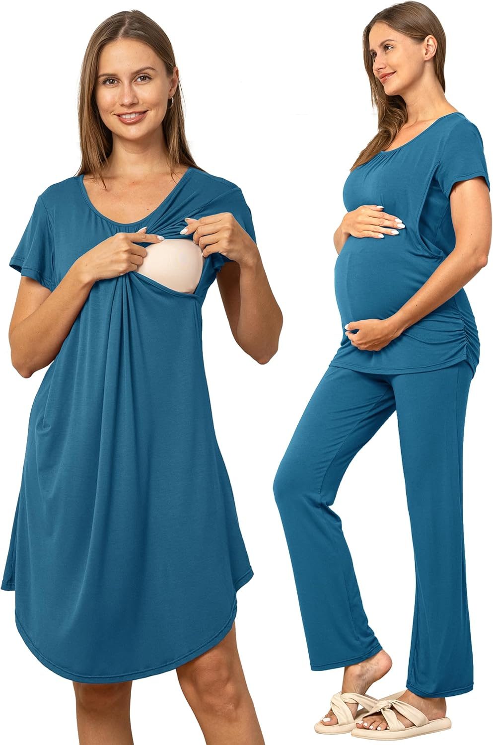 SUNNYBUY Women 3 PCS Maternity Nursing Nightgown Dress & Short Sleeve Breastfeeding Top & Pregnancy Pants Sleepwear Set
