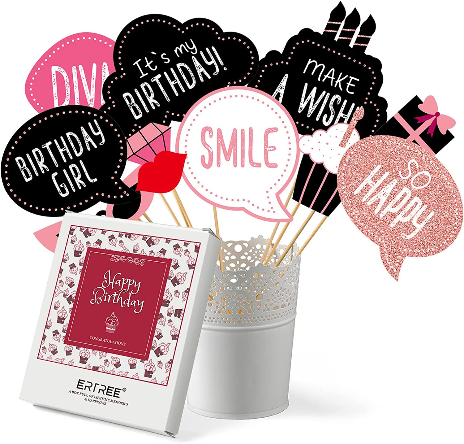 Birthday Photo Booth Props Kit - Happy Birthday Party Favors Supplies Bday Party Decoration Set with Real Glitter Cute Bday Designs for Women - Easy to Assemble 30 Pieces (Rose Gold) image number 1