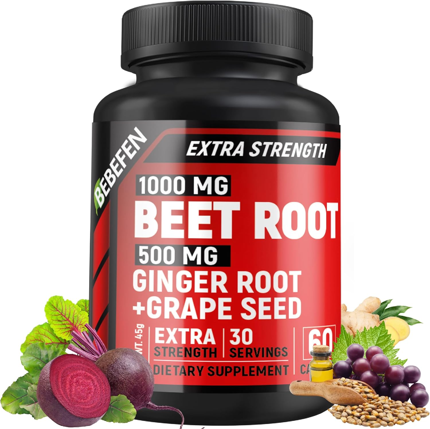 Beet Root Supplement, 1,500Mg per Serving | with Ginger & Grape Seed - 20:1 Extract, Supports Nitric Oxide Production, Beets Supplements with Non-Gmo Beetroot Powder 60 Capsules image number 5