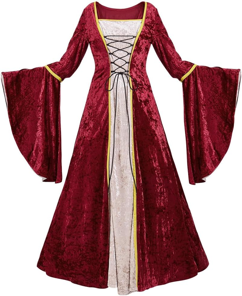 AUTOWT Medieval Gothic Renaissance Gown Dress Costume, Velvet Witch Wench Irish Victorian Trumpet Sleeve Costumes for Women Adult Halloween Cosplay Dress up Party