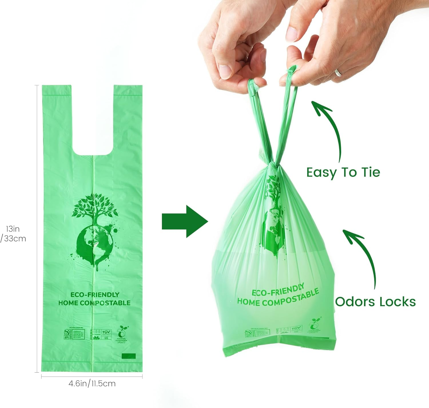 ROWNYEON Certified Compostable Dog Poop Bags, 100 Counts Extra Thick and Leak Proof Biodegradable Pet Poop Handle Tie Bags with AS4736, AS5810, ASTM D6400 and EN13432 Certified(10 Rolls) image number 5
