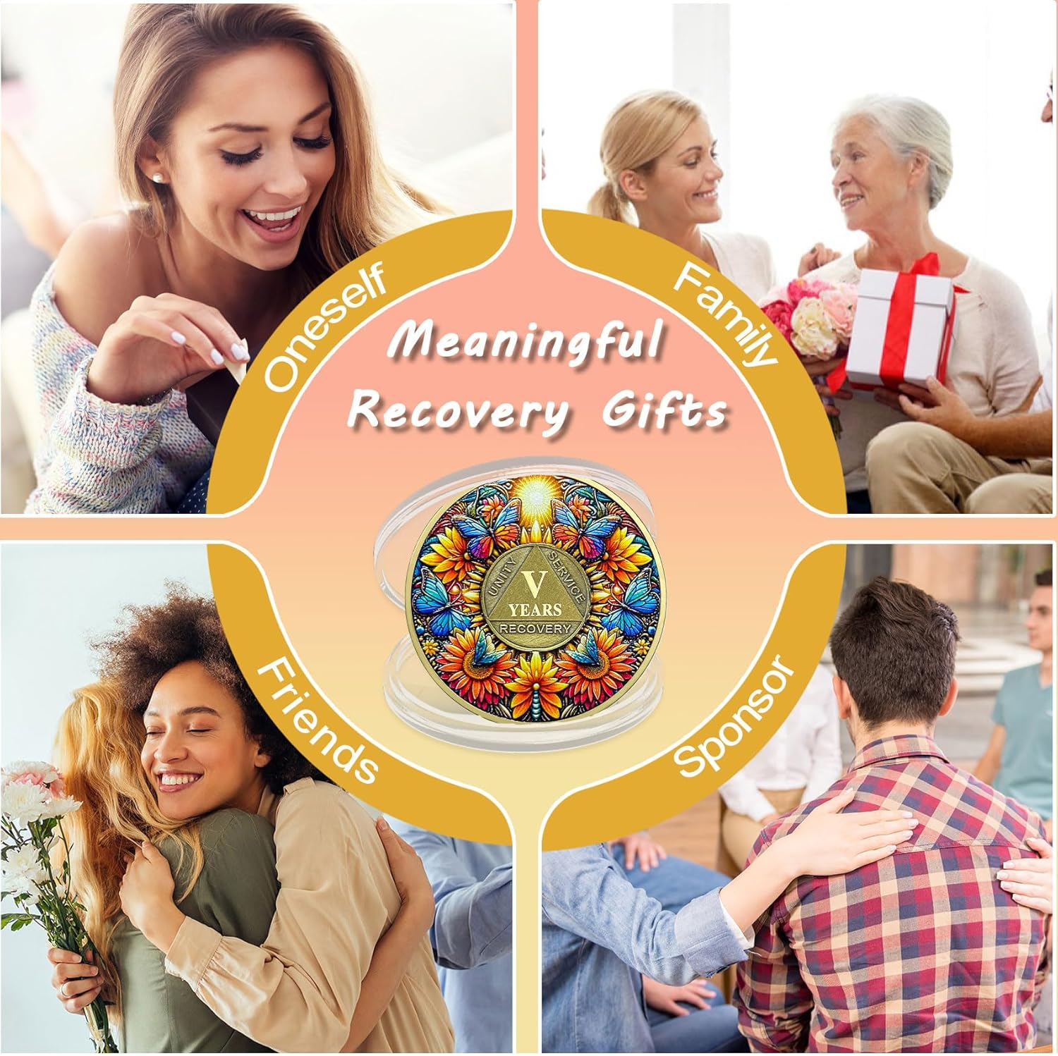 ACGZQY Sobriety Coin, 5 Year Sunflower Butterfly Sobriety Chip AA Coin and Medallions One Day at a Time Sober Token Narcotics Alcoholics Anonymous Recovery Gifts image number 5