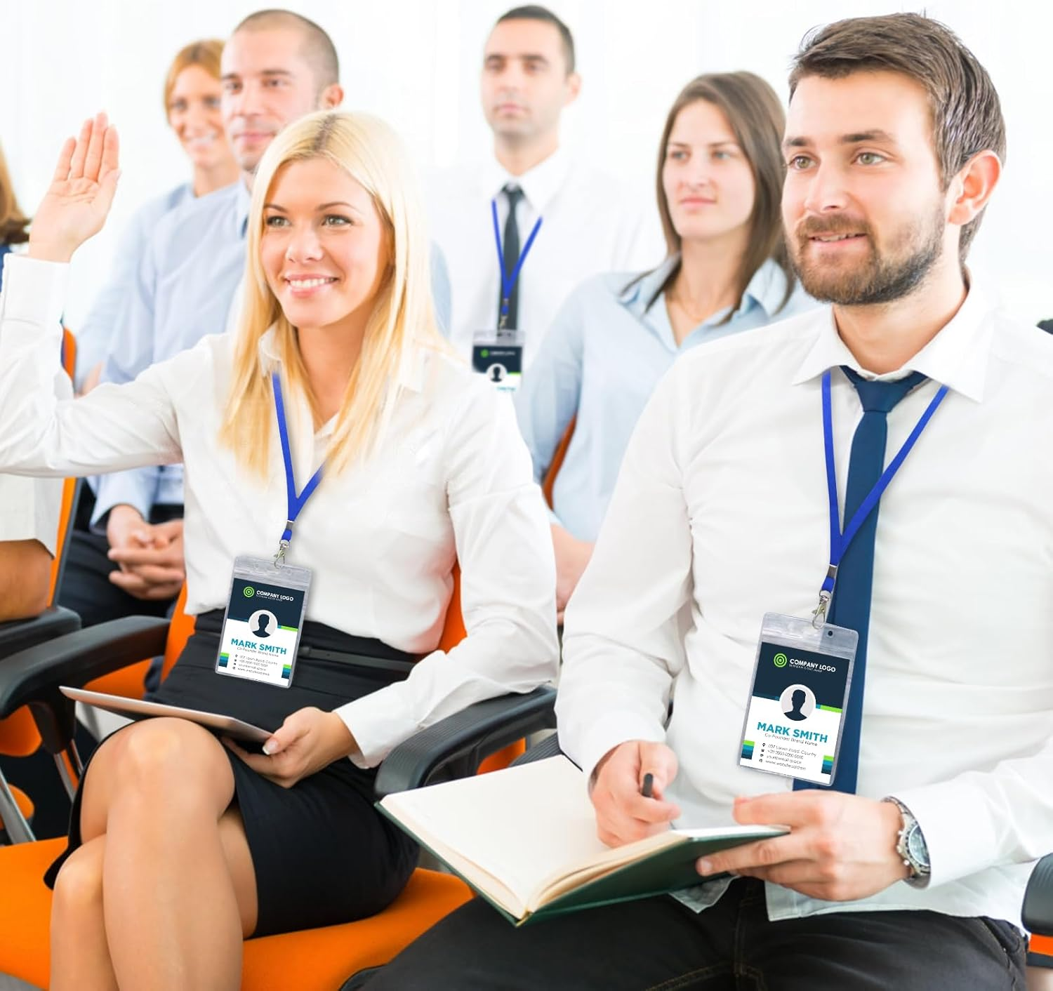 Fushing 50Pcs Clear Plastic Vertical Name Tags Badge ID Card Holders and Blue Neck Lanyards with Swivel Hook for School, Festival, Event