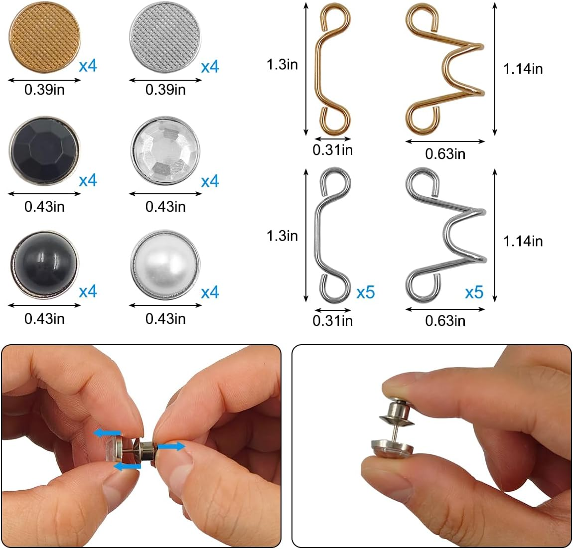 36Pcs Adjustable Waist Buckle Extender, 6 Style Detachable Jean Button Pins No Sewing Required Reusable Jean Buttons, Pant Waist Tightener Clip Snap for Jeans Dress Fit Instant Button for Pants, 6 Set image number 1